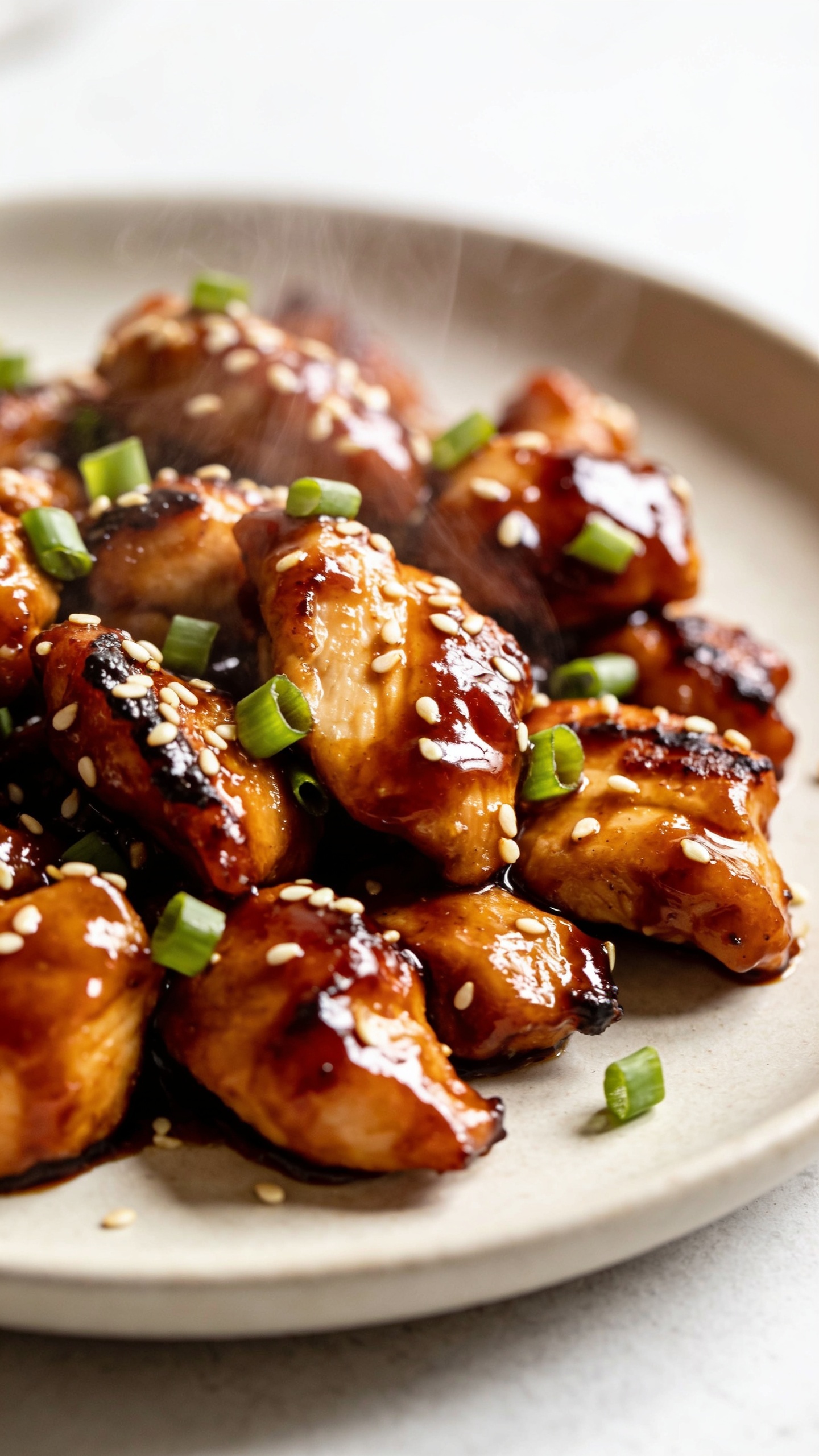 A stunning hero close-up of the finished High Protein Air Fryer Sticky Asian Chicken plated on a clean, neutral plate. The chicken bites are glossy with thick sticky glaze, sesame seeds lightly scattered, and green onions finely sliced as garnish. Steam wisps rise subtly, natural bright light highlighting the caramelized edges and juicy interior, shallow depth of field, the dish occupying 90–95% of the frame with rich textures and vibrant color, no text, no people.
