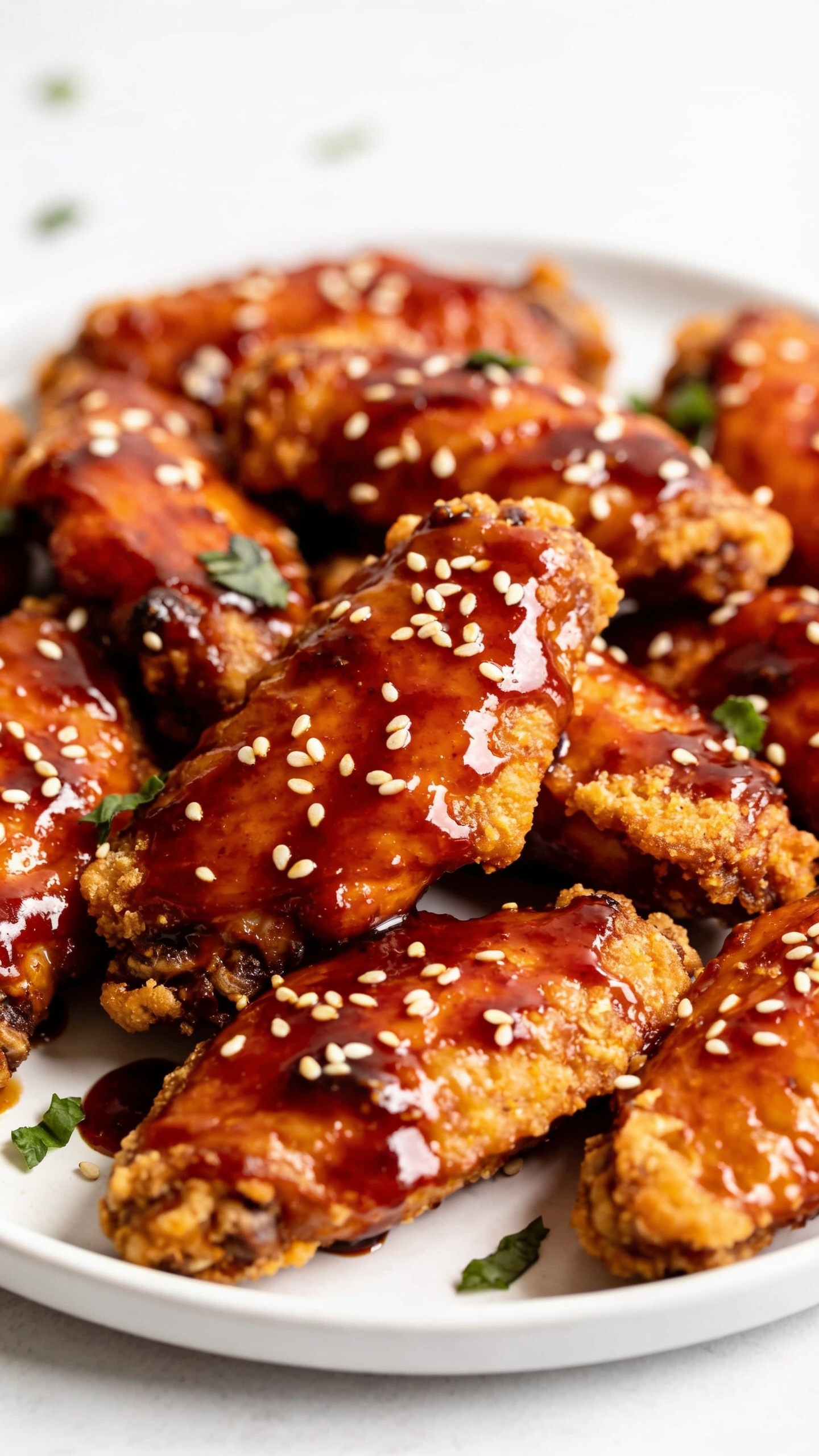 A stunning hero image of the finished High Protein Air Fryer Korean BBQ Chicken plated perfectly on a clean white plate, glossy spicy glaze lacquered over each piece, crisp golden edges, sesame seeds lightly dusted, and minimal greens for color contrast; lighting bright and natural, shallow depth of field, food filling 90–95% of frame, no hands or people in sight.