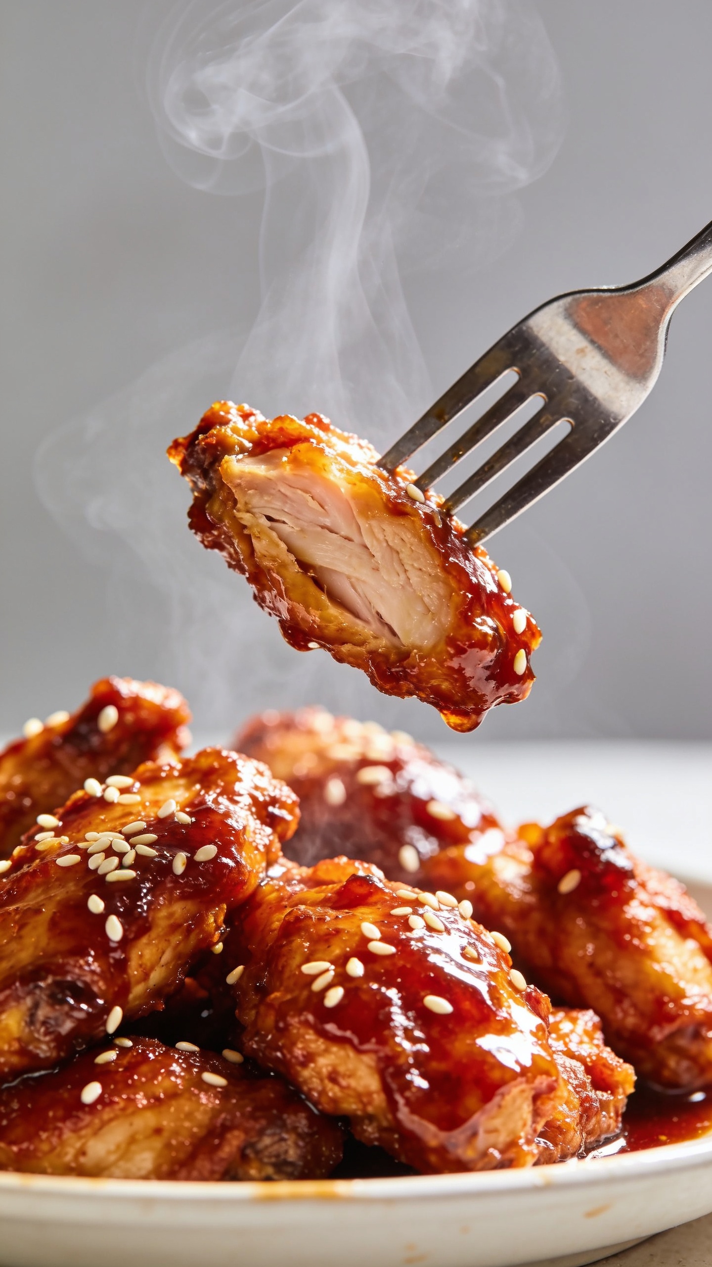 A dynamic close-up action shot: a fork lifting a perfect bite of the crispy, lacquered chicken from the plate, glaze glistening, steam curling, sesame seeds catching the light, rich textures visible, shallow depth of field, bright natural lighting, food filling most of the frame, no hands visible.