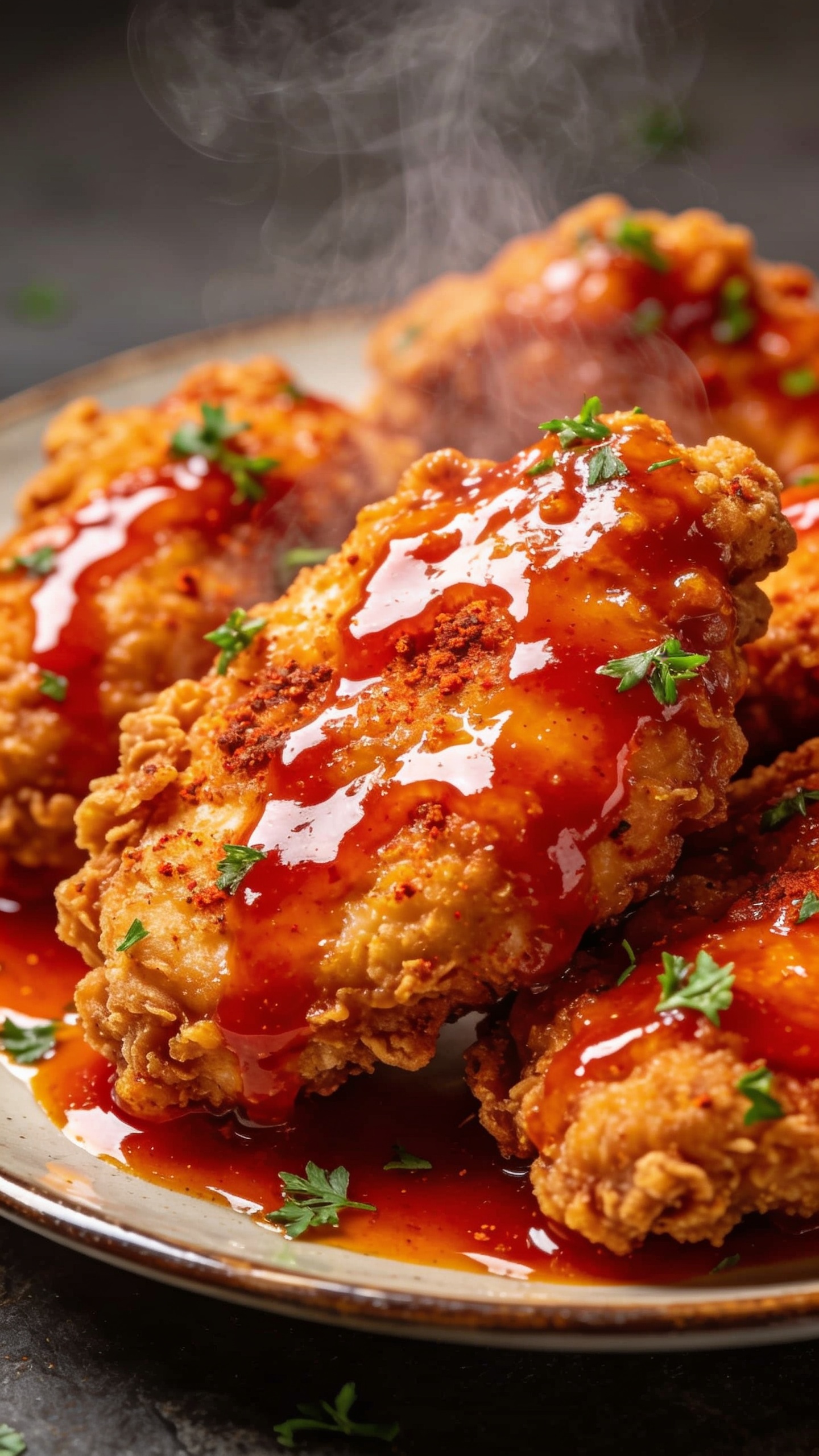 A stunning hero close-up of the finished High Protein Air Fryer Nashville Hot Chicken on a glossy plate, crispy golden-brown crust with visible paprika specks, drizzle of glossy hot glaze, steam rising, fresh herbs flecking the edge, vibrant red-orange heat glaze, shallow depth of field, bright natural lighting, no text, food filling 90â95% of the frame.
