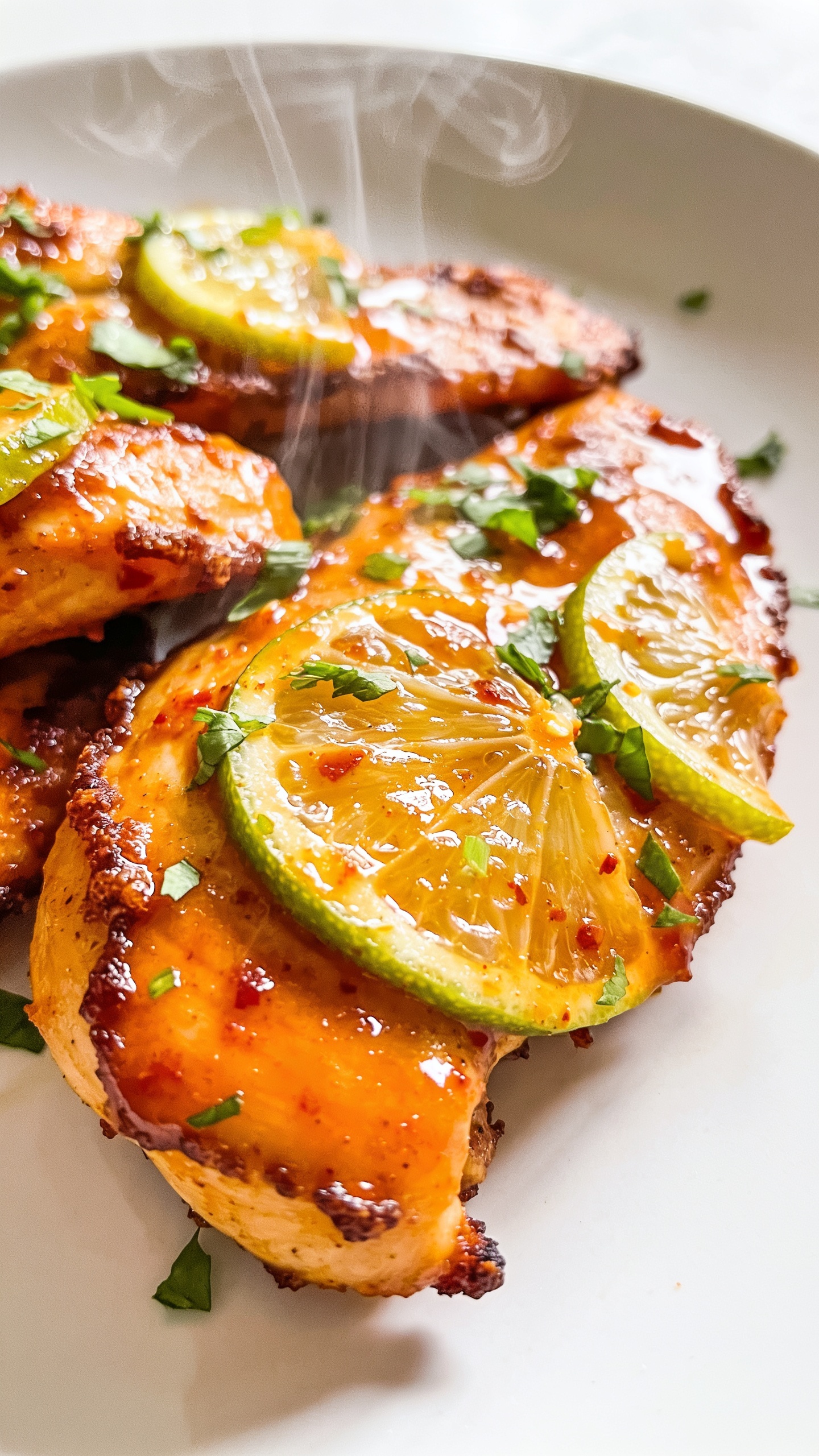 A stunning hero shot of the finished High Protein Air Fryer Chili Lime Chicken plated pristine on a clean white plate, glossy citrus-lime glaze shimmering, crispy edges visible, steam just rising, vibrant greens herbs sprinkled, bright natural light, shallow depth of field, ultra-close-up, food occupies 90-95% of frame, no text, no hands.