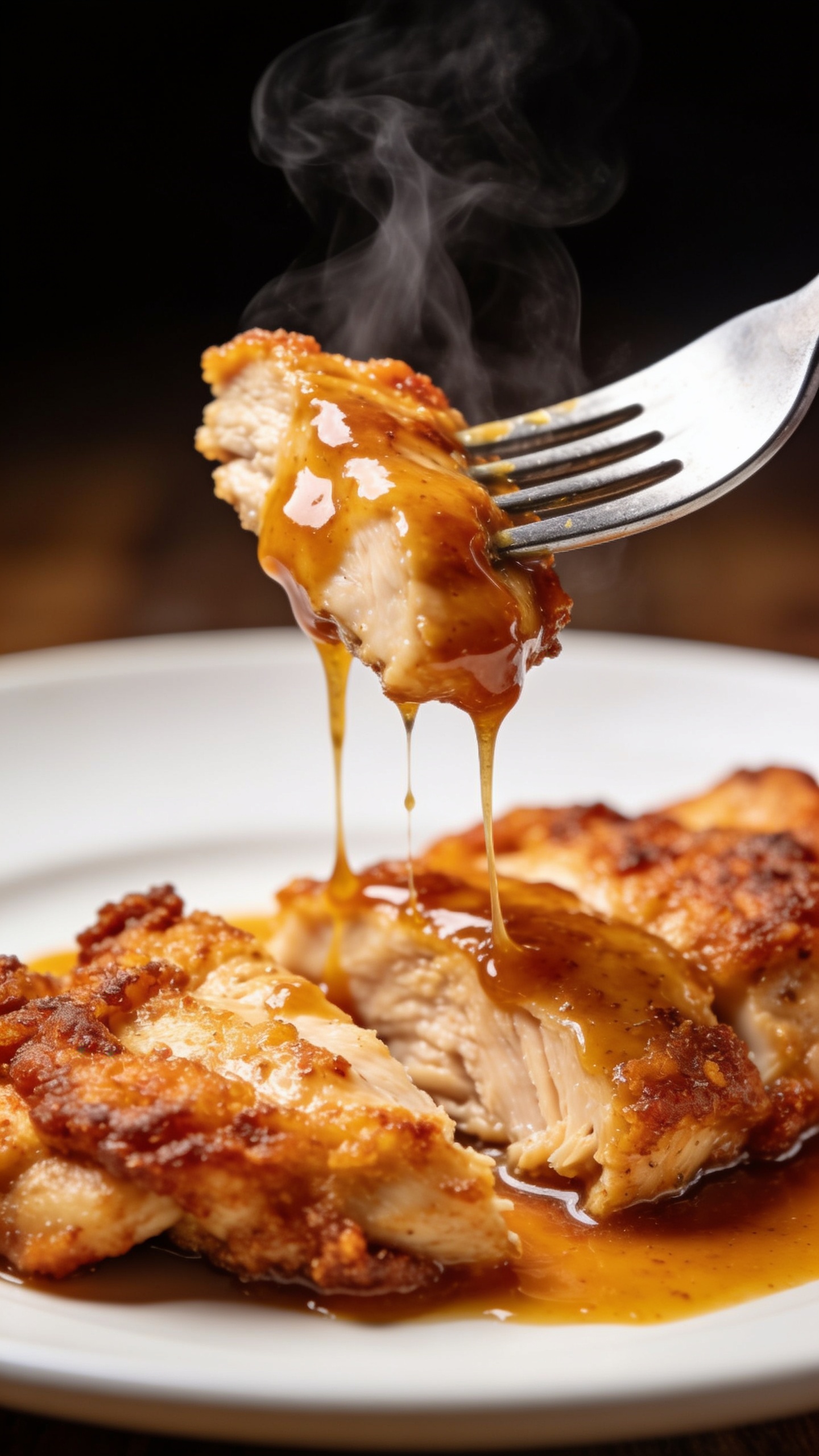 A dynamic close-up action moment: a fork lifting the perfect bite of the finished chicken, sauce clinging in glossy ribbons, steam curling from the hot morsel, plate in soft focus behind, ultra-macro shot with rich textures of crispy crust and juicy interior, bright natural lighting, shallow depth of field, 90-95% food fill, no hands.