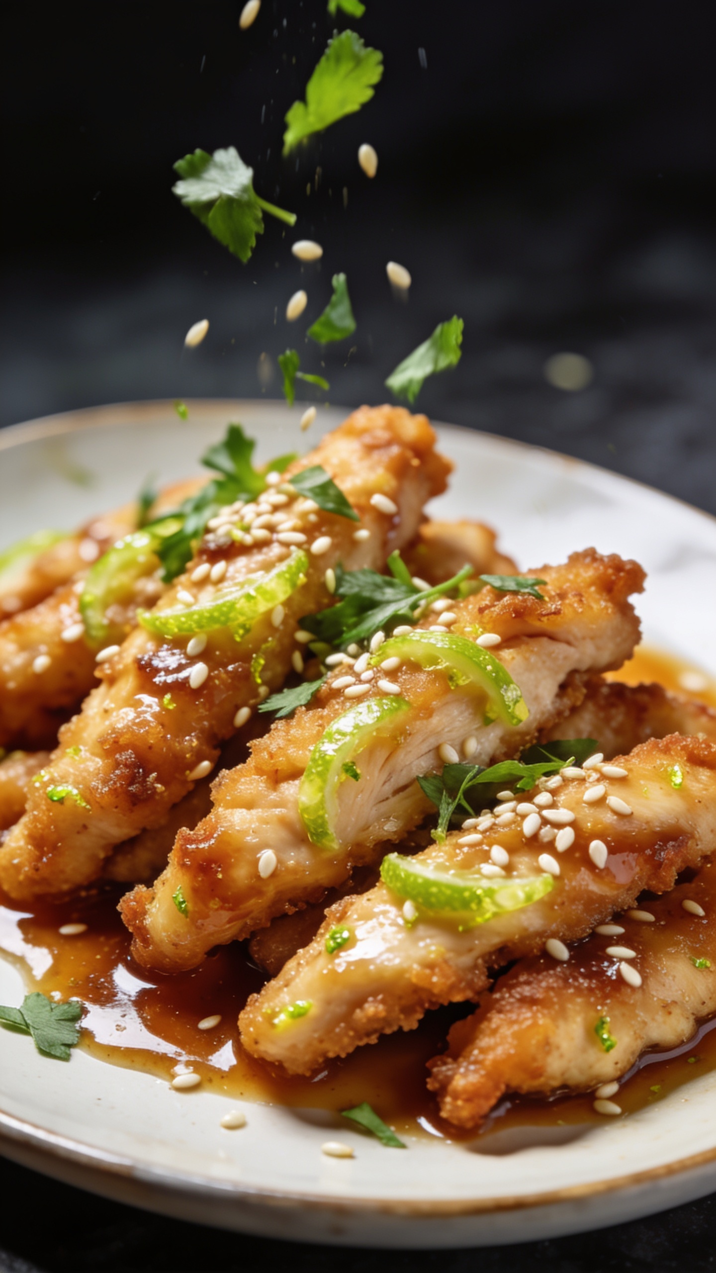 Close-up, top-down or angled view of the finished recipe from a different angle, emphasizing juicy textures and sauce: crisp chicken strips with lime zest flecks, sesame seeds and fresh herbs lightly falling onto the plate, glossy surface, rich color contrast, bright natural light, shallow depth of field, 90-95% food fill, premium food-blog styling, no text.