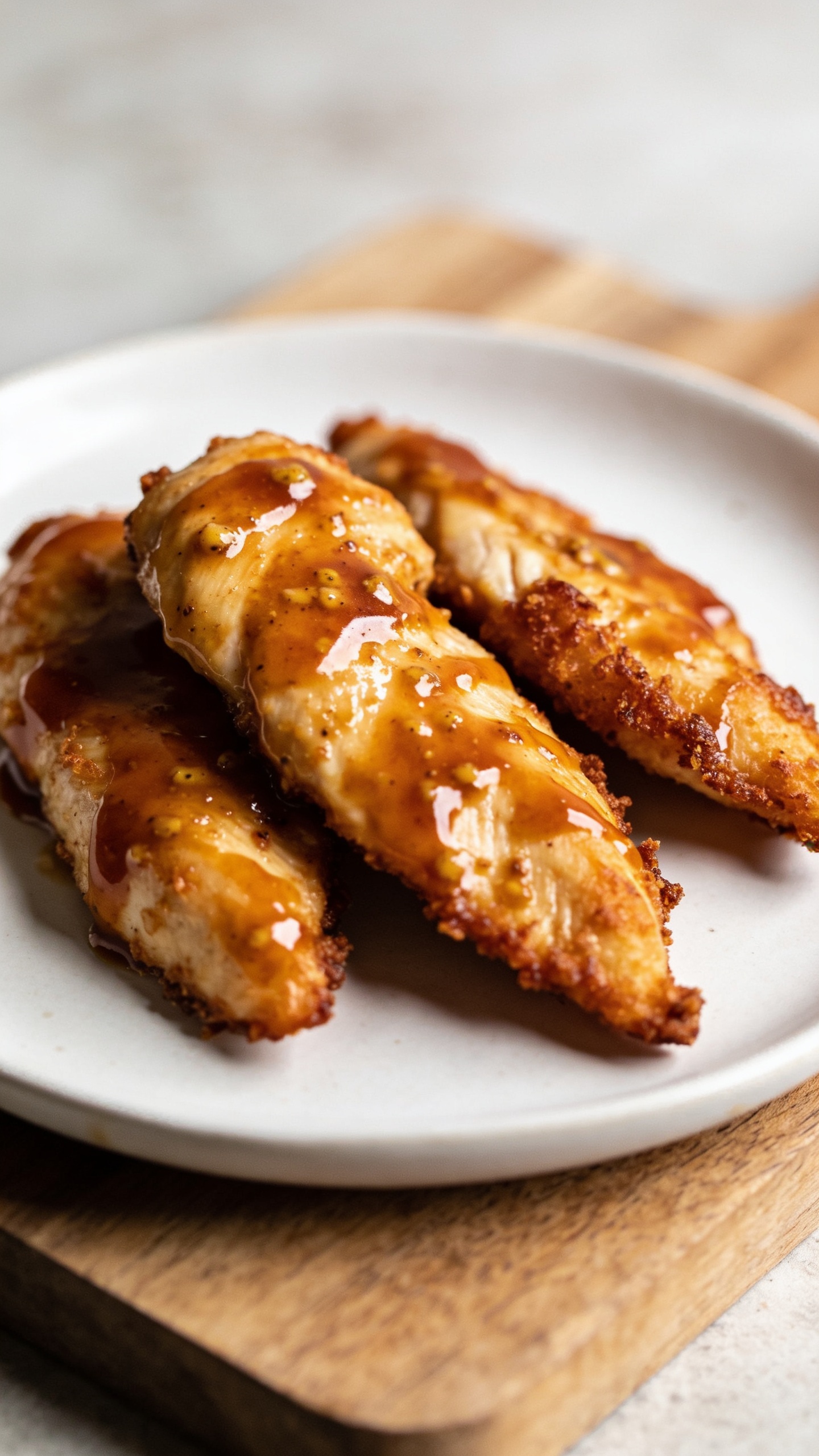A stunning hero shot of the finished High Protein Air Fryer Maple Dijon Chicken plated on a clean white plate with a glossy maple Dijon glaze visibly coating crispy, juicy chicken strips. Natural light highlights crispy edges and the sauce sheen; plate sits on a wooden board with subtle, blurred background. No people or hands; image should feel cinematic and mouthwatering for a hero image.