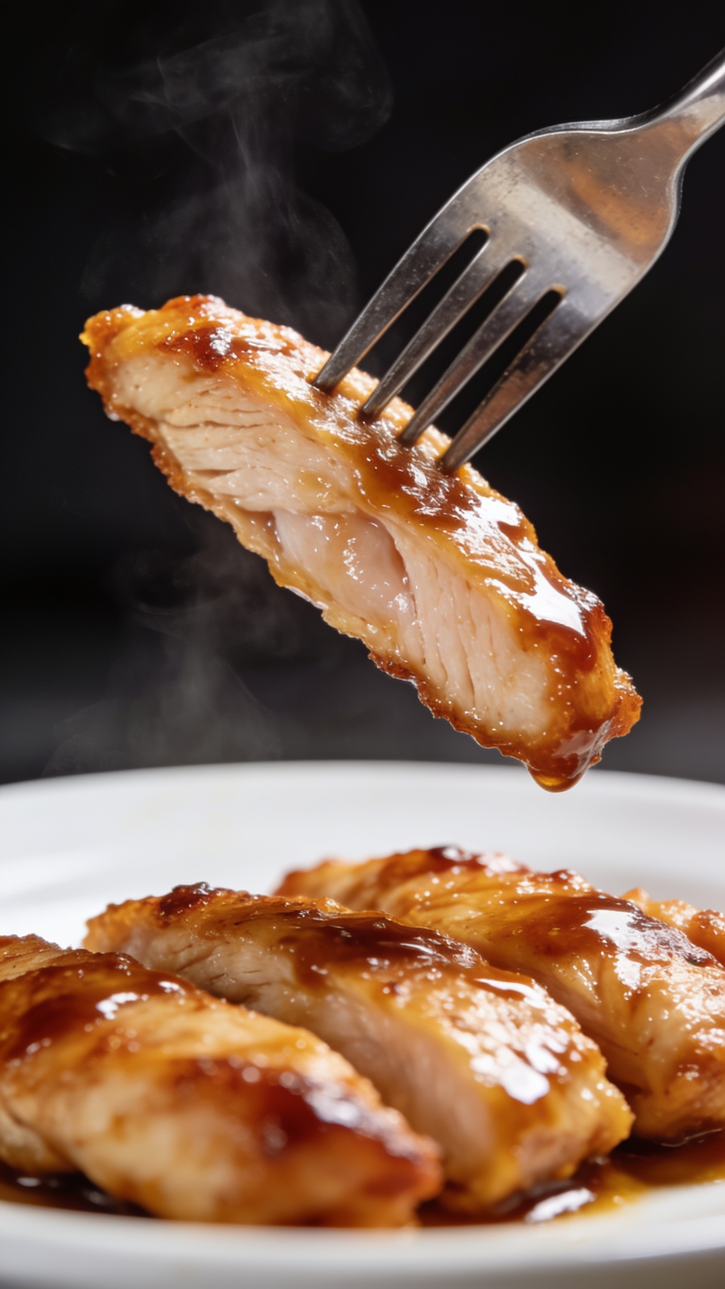A close-up, dynamic moment of the finished dish as a fork lifts a perfect bite: a single chicken strip with glaze and a juicy interior visible, fork poised just above the plate, glossy sauce catching the light, steam faintly rising, crisp edges shimmering. Extreme close-up, shallow depth of field, food centered 90–95% of frame, natural bright lighting, no hands visible.