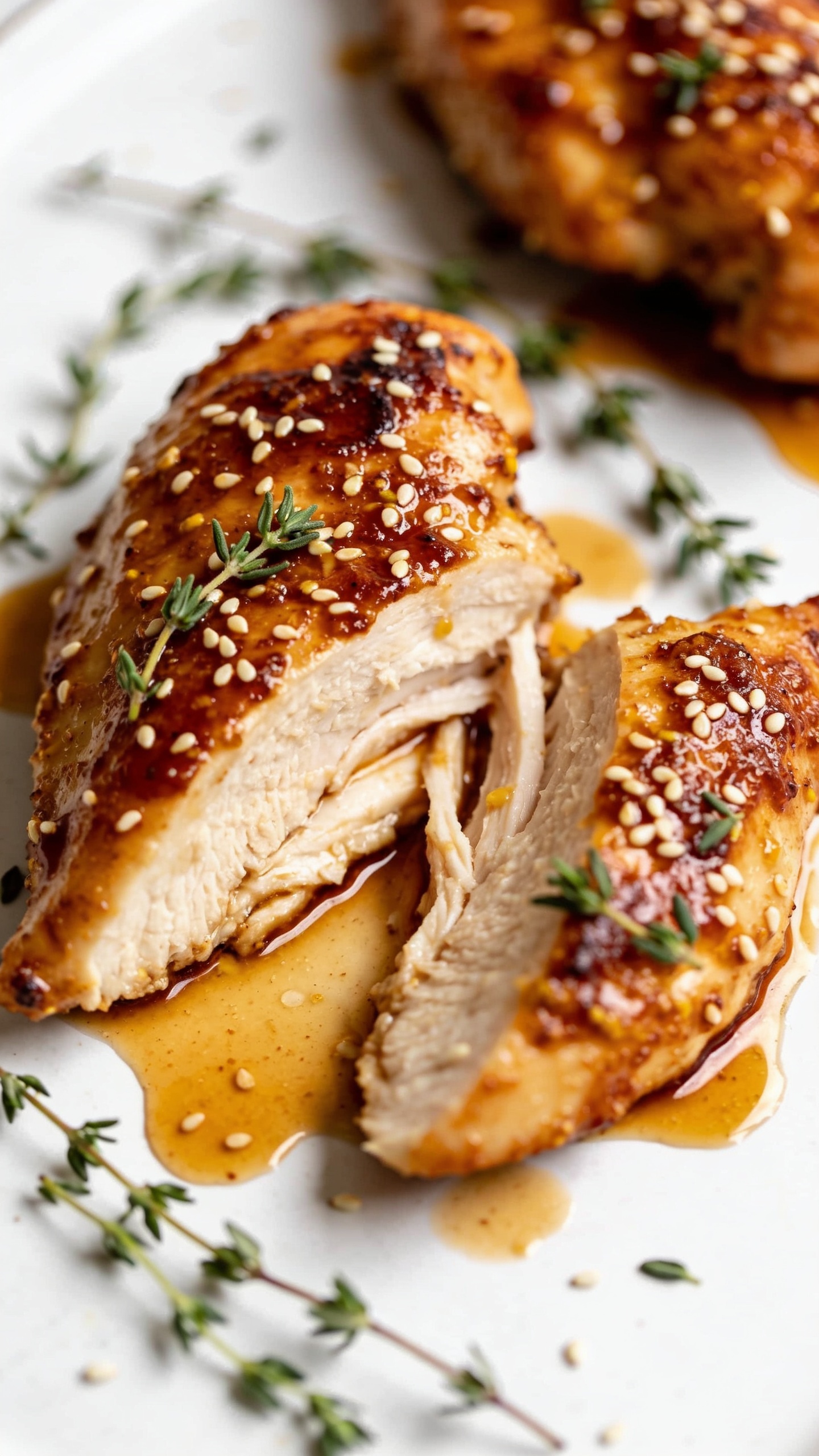 Ultra-close-up, premium food-blog style close shot from a slightly angled top-down view: the finished chicken with mapled Dijon glaze, sesame seeds lightly sprinkled, fresh thyme leaves scattered, vibrant colors, and a glossy glaze pooling around the piece; shallow depth of field focusing on the juicy interior and crispy crust, lighting bright and natural, hands-free.