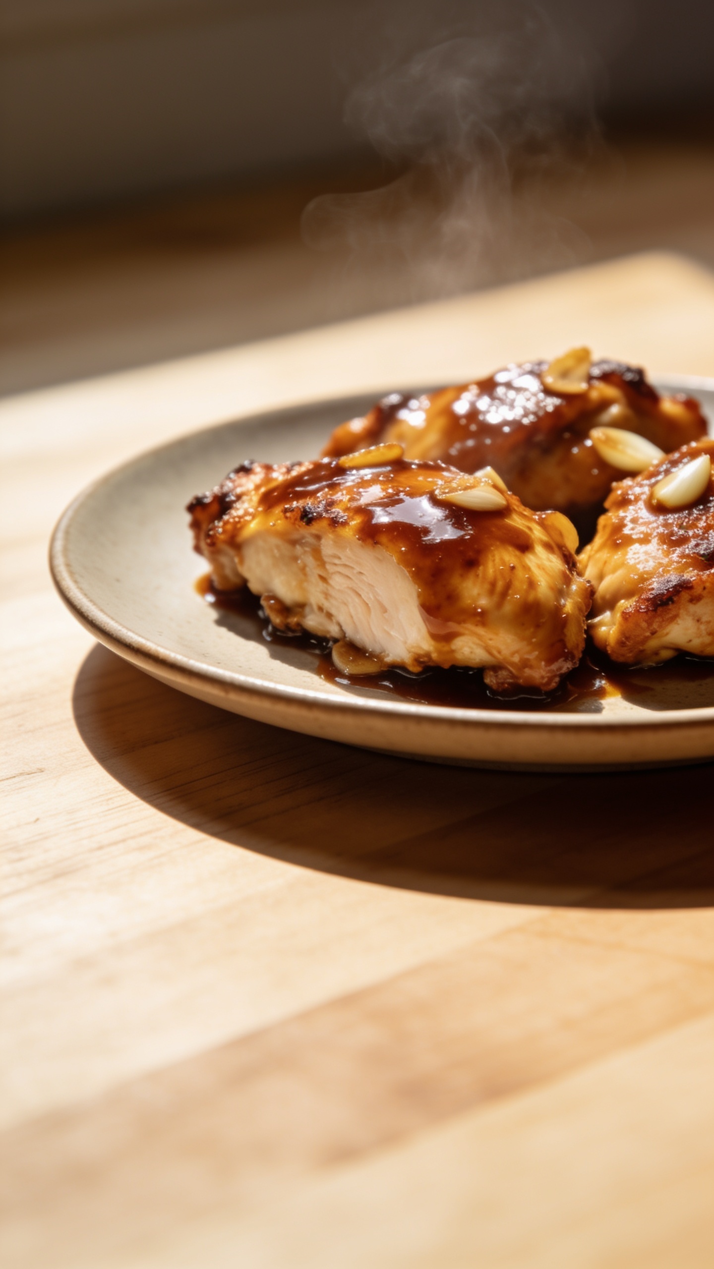 A stunning hero shot of the finished High Protein Air Fryer Brown Sugar Garlic Chicken plated on a clean, neutral plate with a glossy caramelized glaze. The plate sits on a light wooden surface, warm natural light highlighting crispy edges and juicy interior, with steam subtly rising. No people, hands, or utensils visible, the focus strictly on the plated dish.