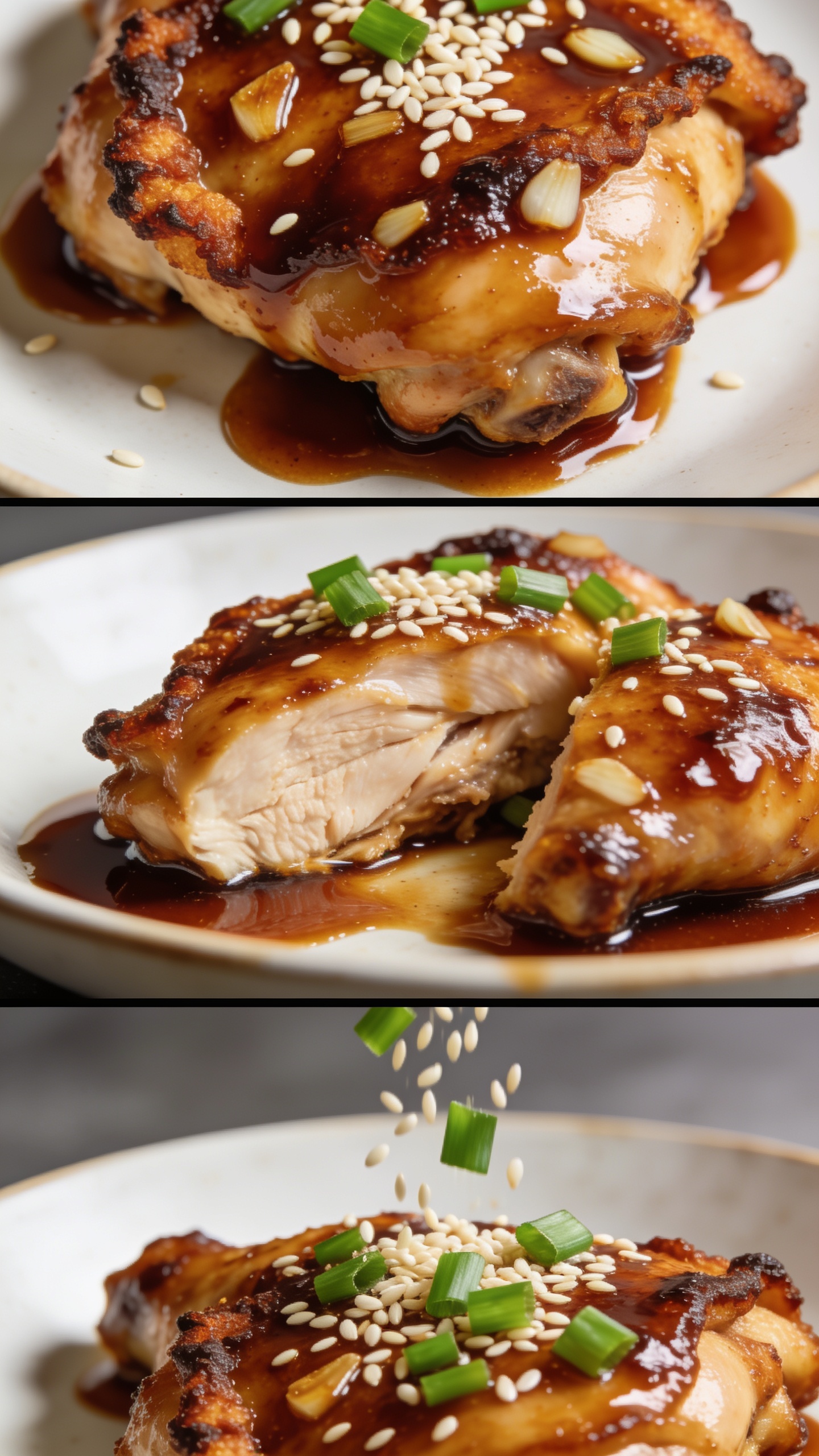 Ultra-close close-up shots of the same finished dish from three slightly varied angles in one composition: (a) a top-down view highlighting crispy edges and brown sugar-garlic glaze, (b) a lower-angle side view showing juicy interior and glossy sauce pooling around the chicken, (c) a close-up angled shot of fresh sesame seeds and chopped green onions cascading onto the dish. Each image fills 90–95% of the frame with bright natural light, shallow depth of field, rich textures, and premium food-blog styling.