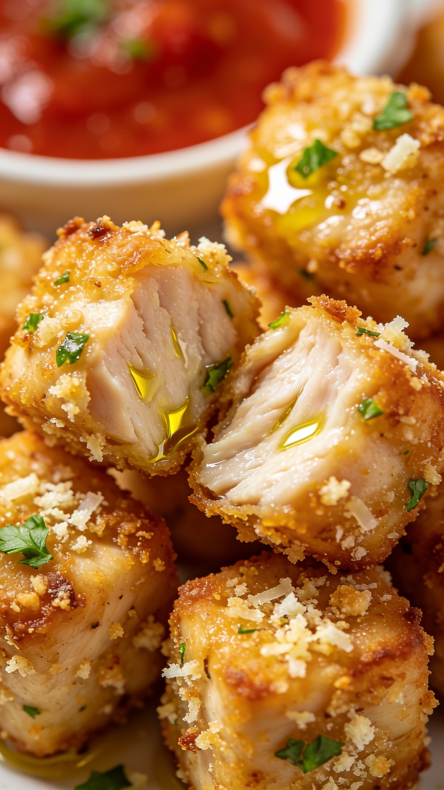 A stunning hero close-up of the finished High Protein Air Fryer Italian Chicken Bites plated, 1-inch pieces crisped to a golden crust, Parmesan and breadcrumbs visible, glossy olive oil sheen, fresh parsley flecks, vibrant marinara dipping sauce slightly blurred in the background, bright natural lighting, shallow depth of field, no people or hands, food filling 90â95% of the frame, ultra-detailed texture emphasizing juicy interior and crispy edges.
