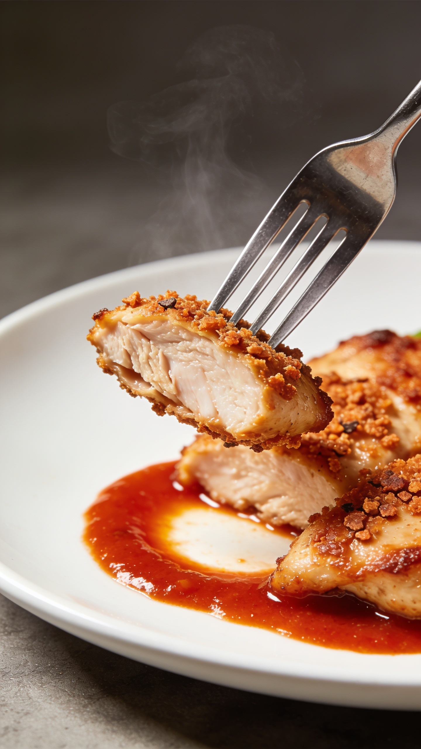 A premium magazine cover moment: a fork lifting the perfect bite of the finished chicken from the plate, the bite showcasing a juicy interior and crackly crust, glossy marinara halo, steam barely rising, rich color contrast, shallow depth of field with the plate as the background, bright natural light, no hands or faces, the fork poised just before contact, food occupying 90â95% of the frame.