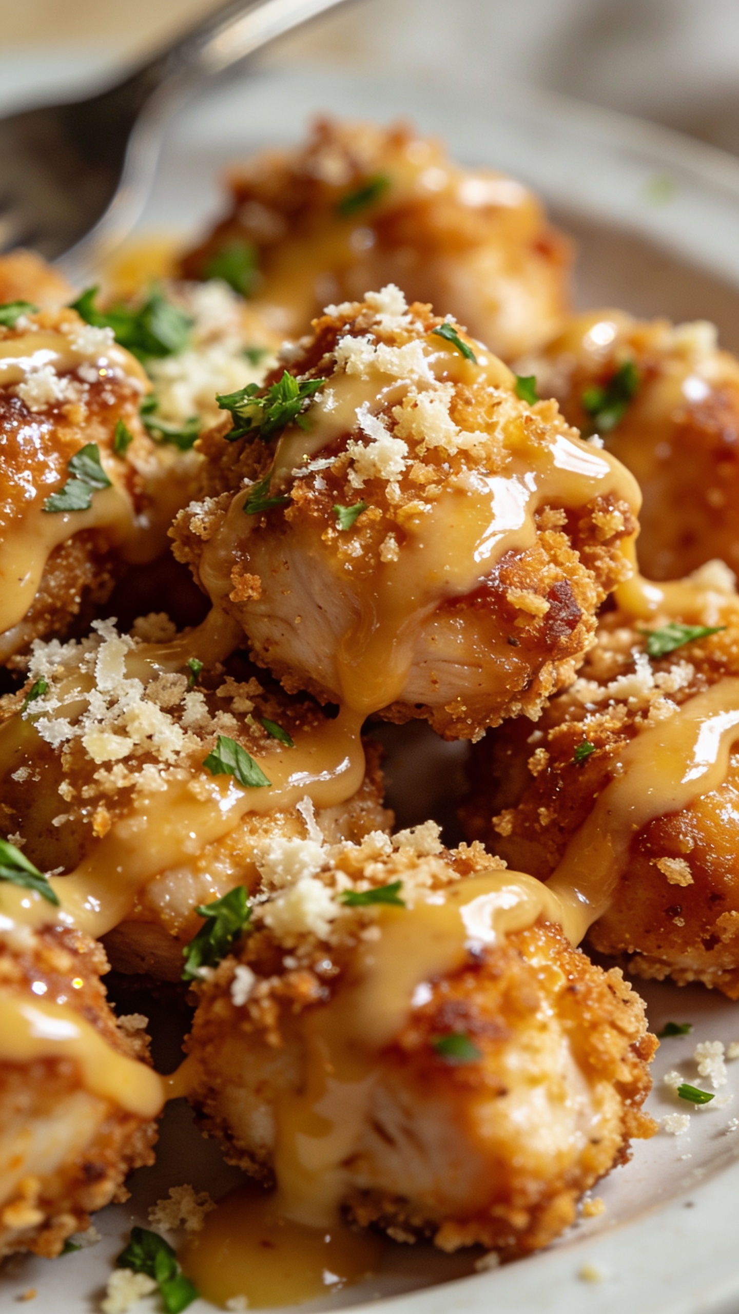 An extreme close-up from a slightly angled side view of the finished dish, showcasing glossy sauce being drizzled over the chicken bites with parmesan crumbs glistening, vibrant herbs scattered, shallow depth of field isolating the bite textures, natural daylight, macro texture emphasizing juicy crumb coating and crisp exterior, plate and background softly blurred, no hands or utensils other than a partial utensil edge to imply action, food filling 90â95% of the frame.