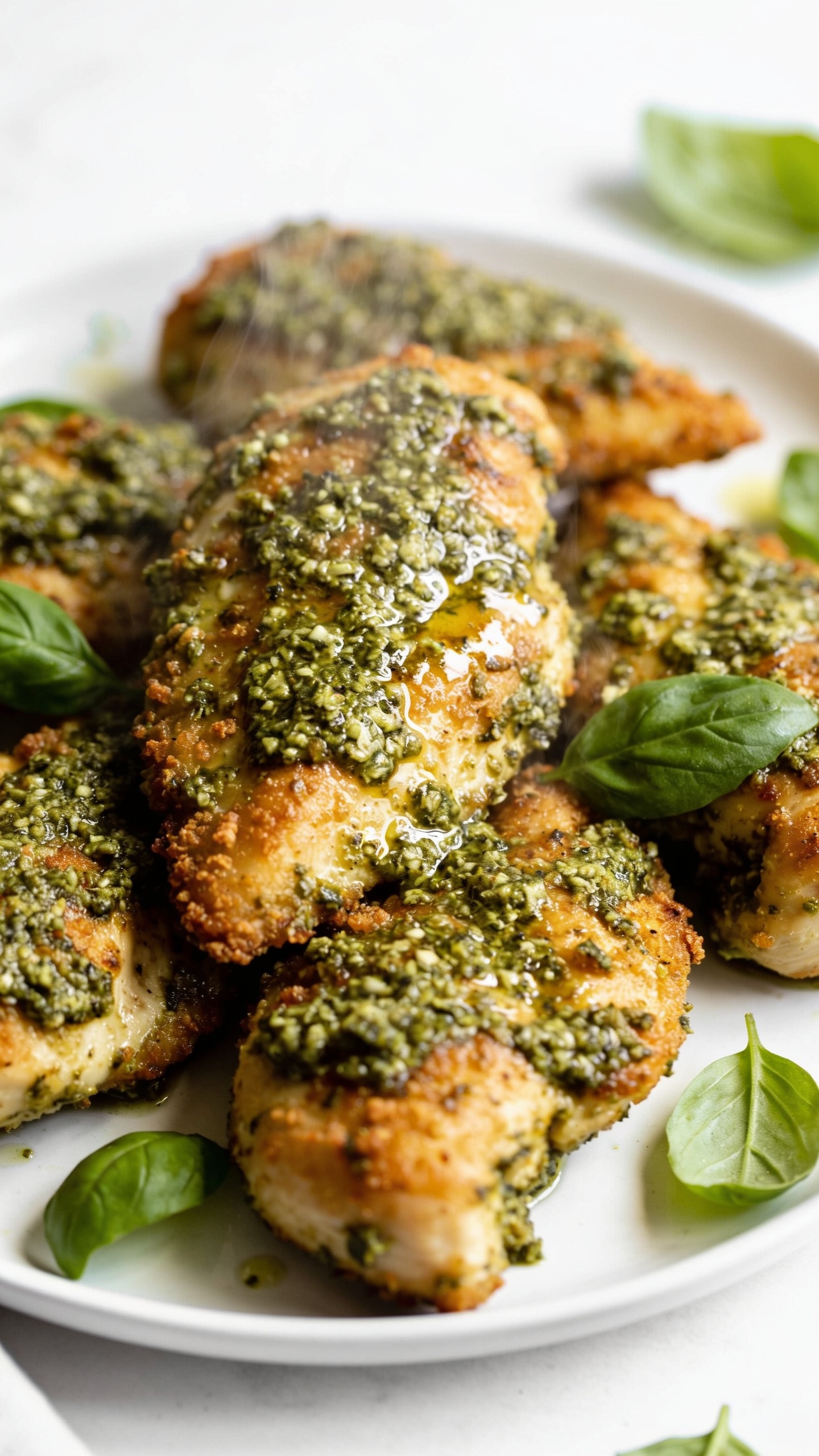A stunning hero image of the finished High Protein Air Fryer Pesto Parmesan Chicken plated on a clean white plate, the chicken pieces golden and crisp with a glossy pesto-Parmesan crust, steam barely rising, fresh basil leaves scattered around, bright natural light, shallow depth of field, the entire finished dish filling the frame as the centerpiece of a premium food shoot.