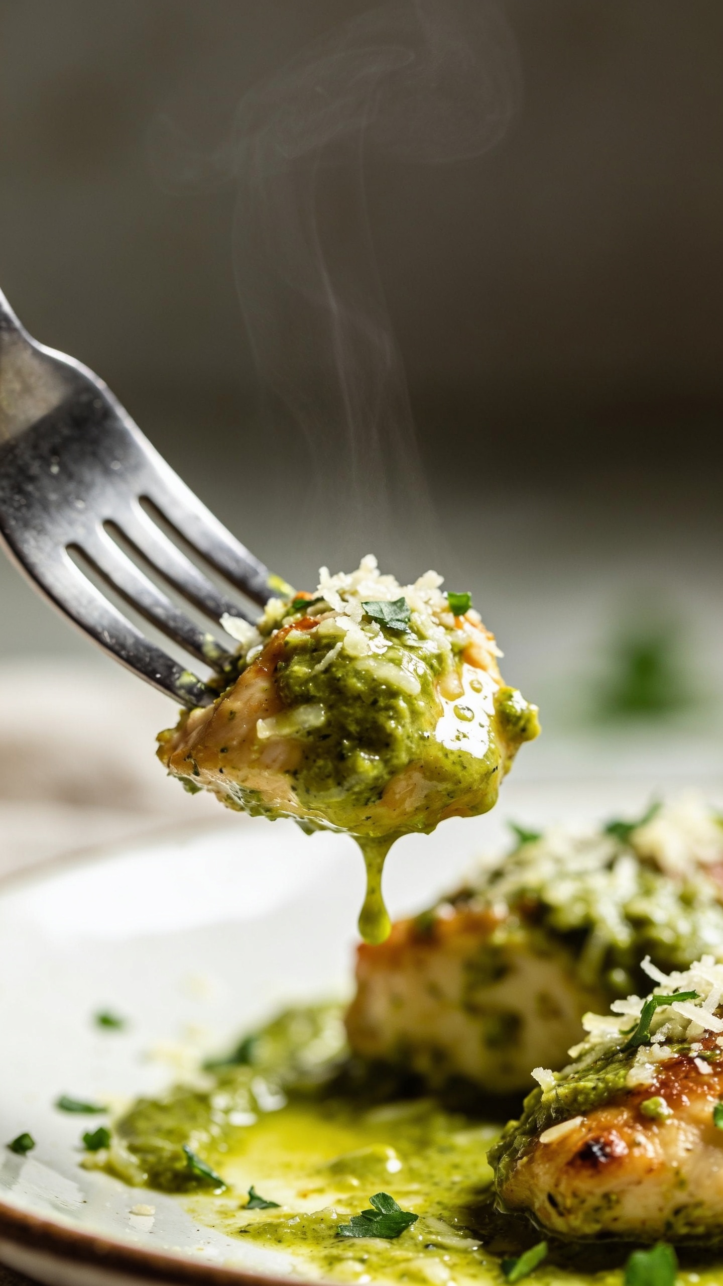 A dynamic close-up action moment: a fork lifting the perfect bite of juicy pesto-parmesan-coated chicken from the plate, sauce and melted Parmesan glistening on the bite, steam wisps curling, herb flecks in sharp focus, background softly blurred, the food occupying 90â95% of the frame, natural light.