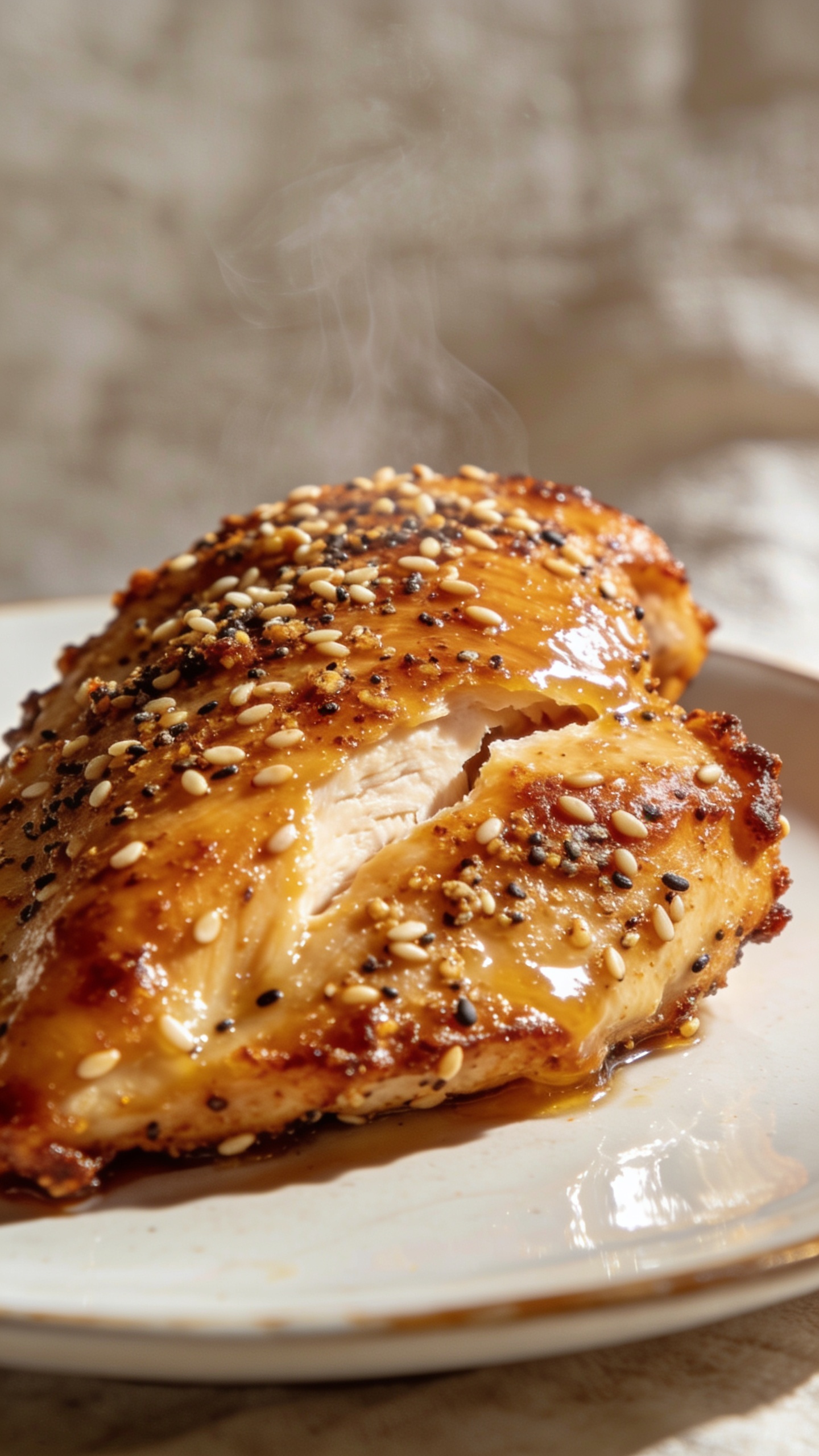 A stunning hero shot of the finished High Protein Air Fryer Everything Bagel Chicken on a glossy plate, with perfectly crispy, golden-brown crust, sesame-like specks from the everything bagel seasoning, and a light sheen of glossy sauce. The plate sits on a neutral textured backdrop, steam barely rising, bright natural light highlighting crisp edges and juicy interior visible through a slight crack in the crust. No hands or people in frame.