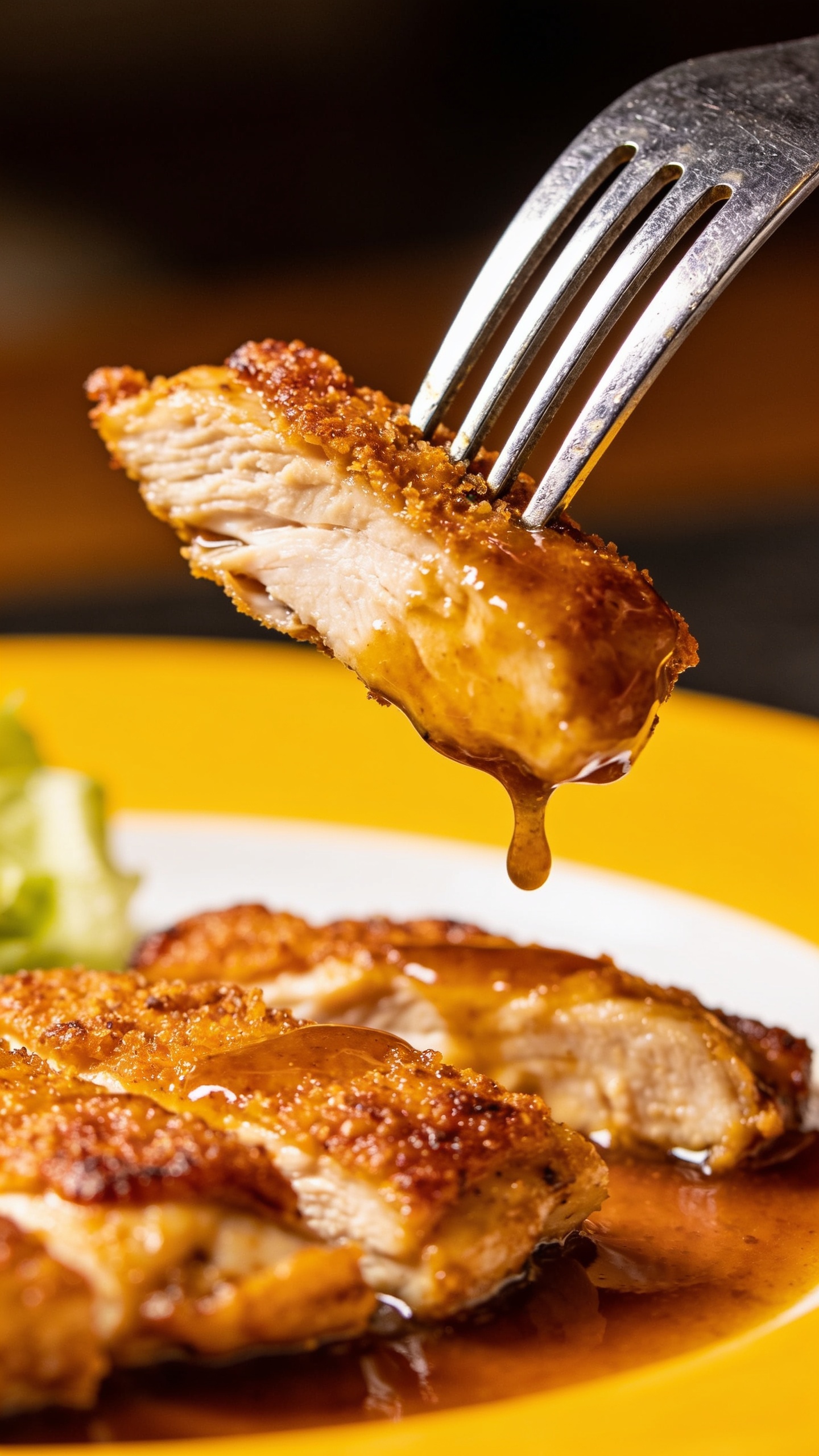 A dynamic close-up capturing the most irresistible moment: a fork (visible) lifting a perfect bite of the finished chicken, coating of crisp crust and tender interior visible, with a slow-glide glossy sauce catching the light as it drips slightly from the fork, shallow depth of field blurring the background, vibrant plate color enhancing the rich textures.