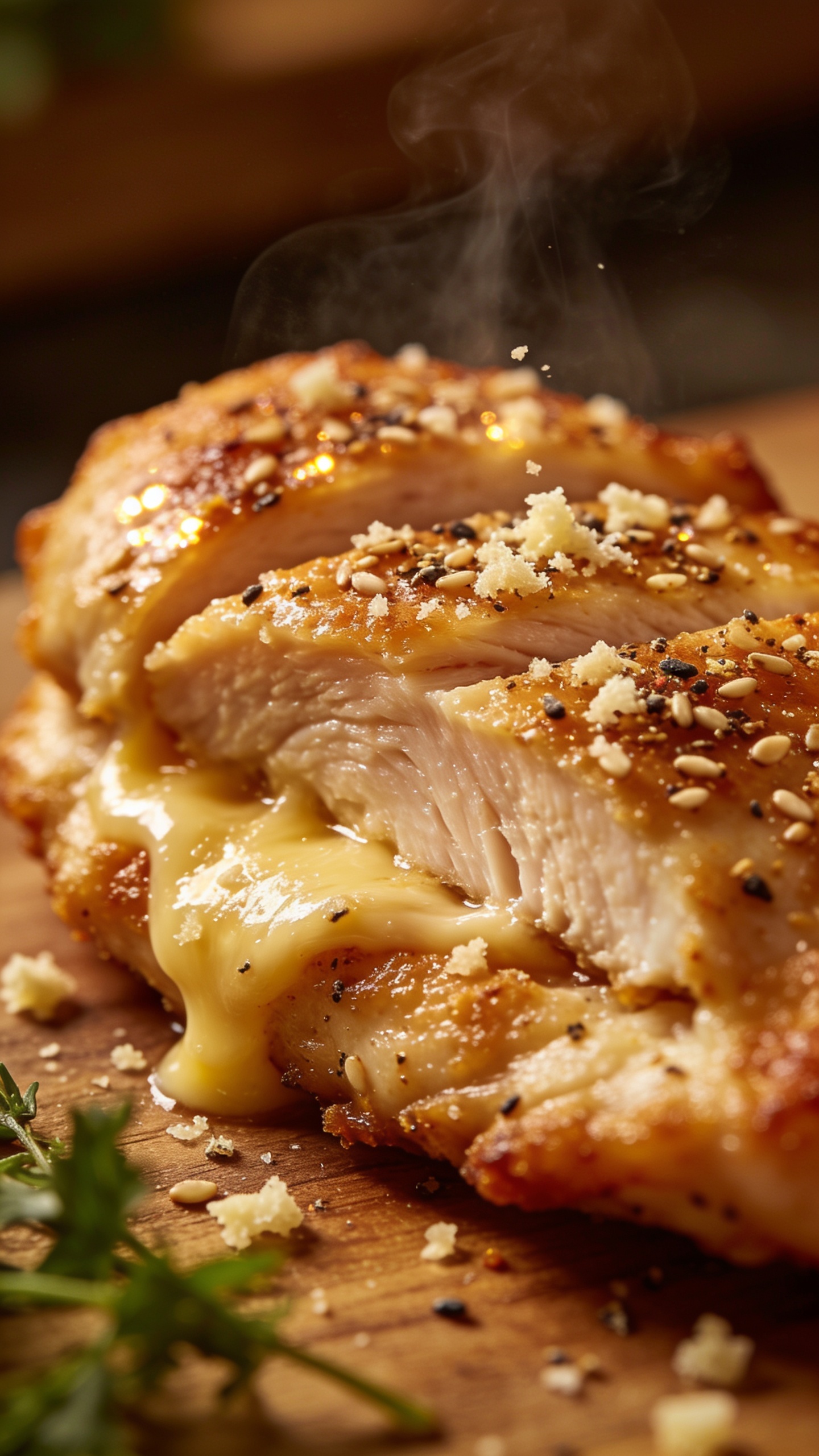 Ultra-close, all-texture close-up from a 45-degree angle: a single finished chicken cutlet sliced to reveal juicy interior, steam subtly rising, cheese-like parm grains sprinkled on the crust catching glints of light, everything-bagel seasoning specks, fresh herbs barely in frame for color pop, shallow depth of field making the crust and interior ultra crisp and glossy, food filling 90â95% of frame.