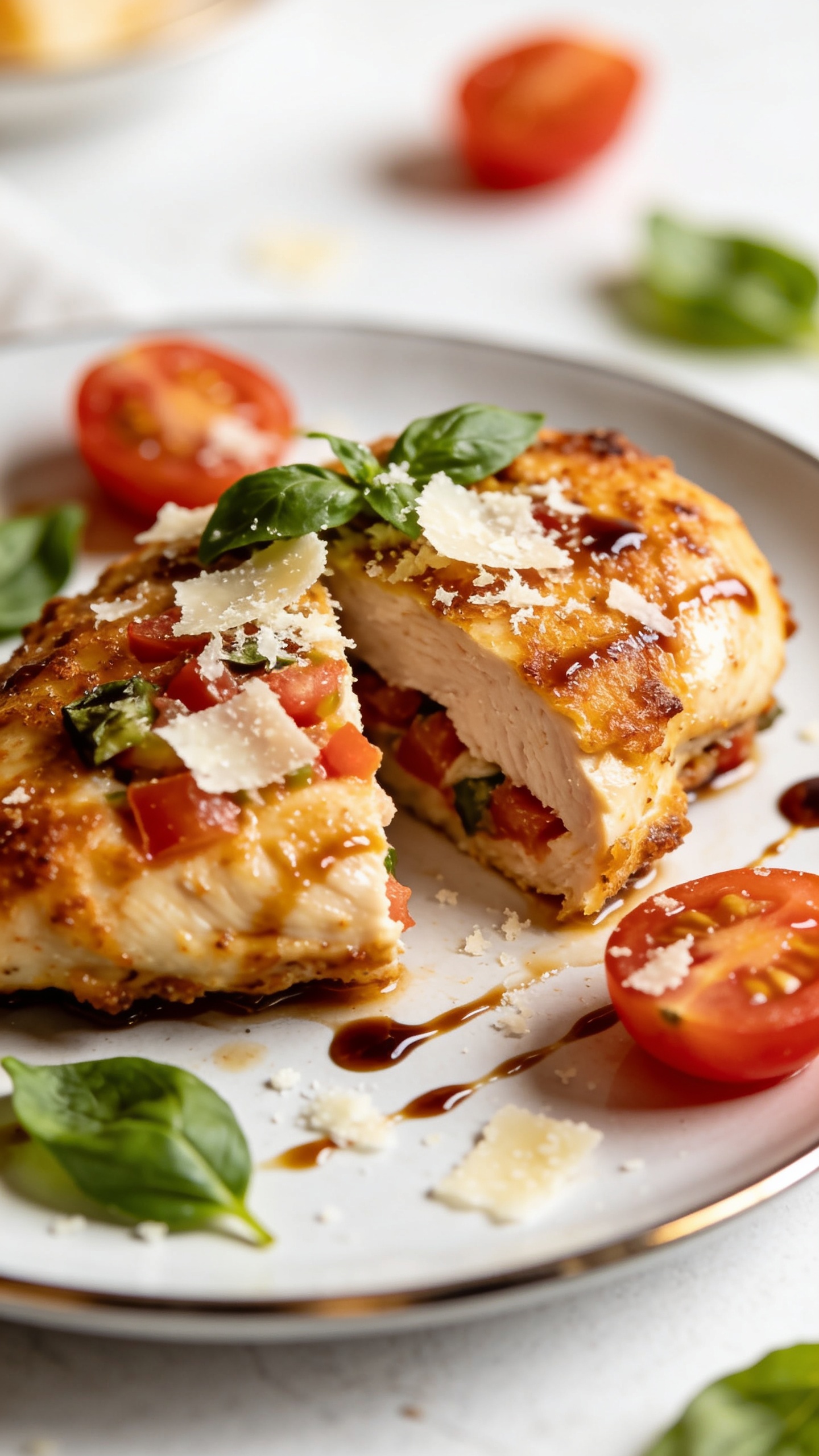 A stunning hero image of the finished high-protein air fryer bruschetta chicken on a sleek plate, glistening with a crispy golden crust, juicy interior visible through a slight cut, atop a clean white surface with soft natural light, cherry tomato halves and fresh basil scattered, parmesan shavings dusted, and a light balsamic glaze sheen; no people, no text.