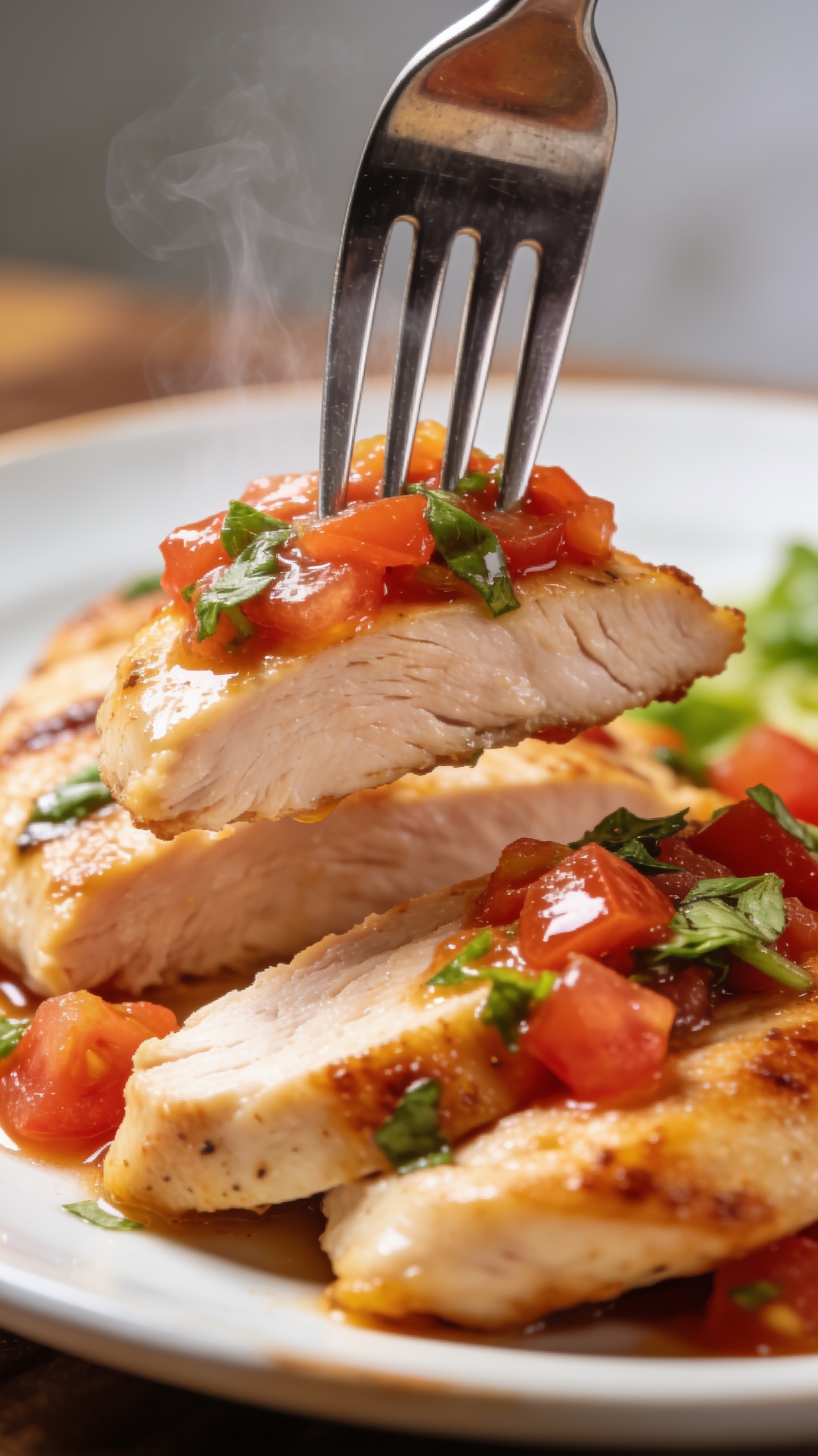 A close-up action shot capturing the moment just before a perfect bite: a fork lifts a succulent, juicy chicken breast slice from the plate, the glossy tomato-basil bruschetta topping clinging, steam wisps rising subtly, plate edges softly blurred, vibrant colors and rich textures filling the frame, bright natural lighting, shallow depth of field, no hands visible.