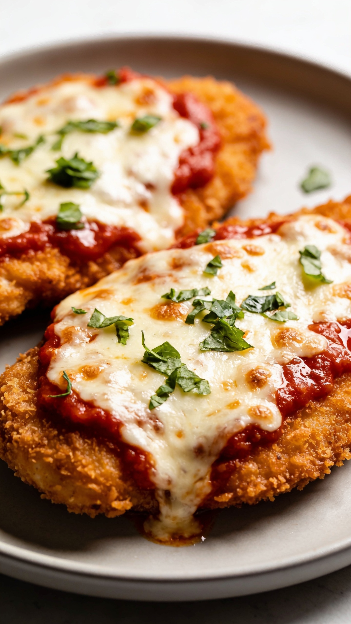 A stunning hero image of the finished High Protein Air Fryer Chicken Parmesan plated on a sleek plate, crust golden and crispy, melted mozzarella bubbling at the edges, marinara sheen visible, basil or parsley garnish, bright natural light, studio-style food photography, shallow depth of field; the entire dish center-frame, no hands or people, 90–95% of frame filled with the dish.