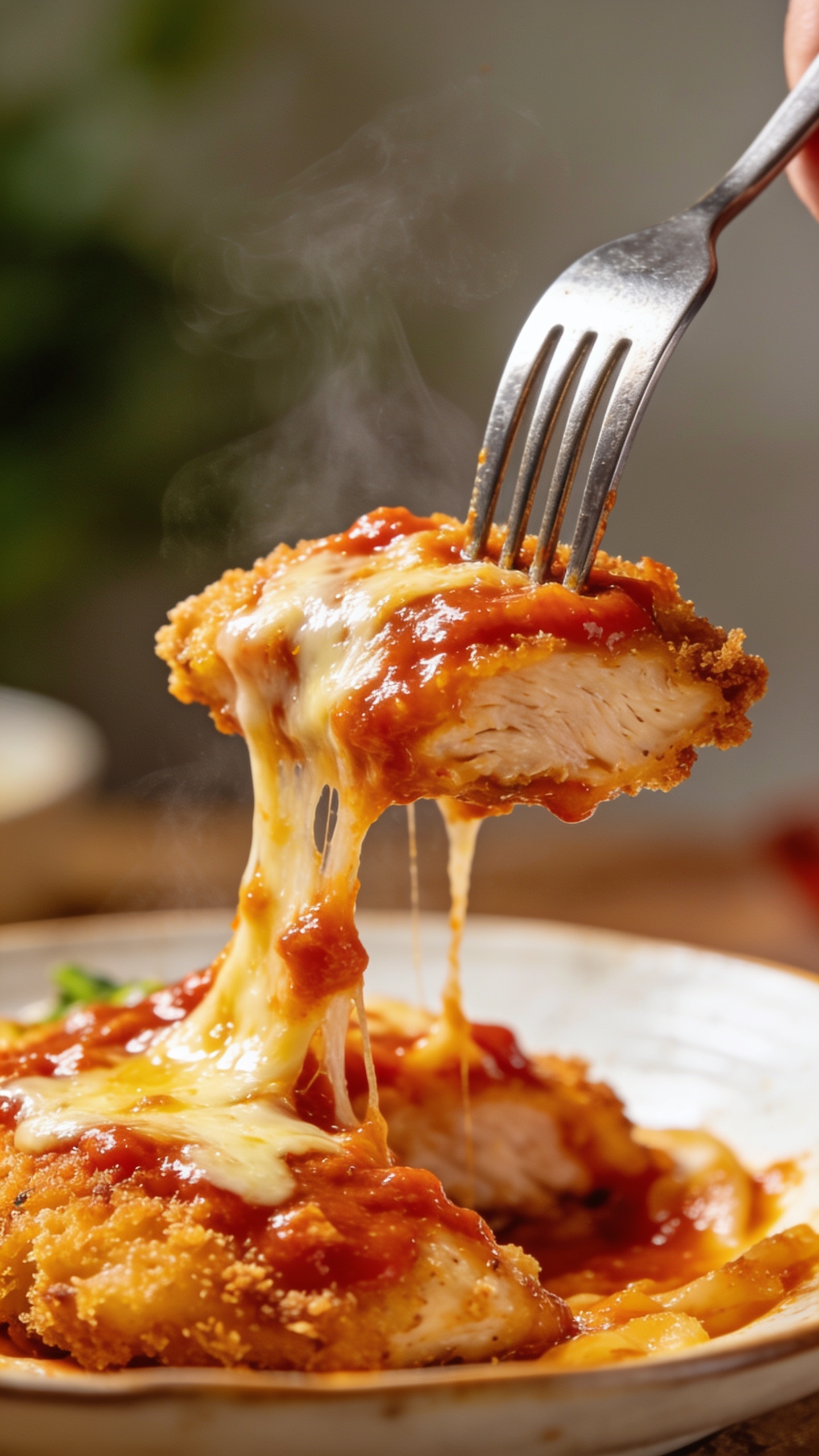 A close-up action shot capturing a fork lifting the perfect bite of the finished dish, glossy marinara and cheese stretching from the crispy chicken, rich textures visible, steam faintly rising, vibrant colors, premium food-blog styling, shallow depth of field, bright natural lighting, no hands in frame, 90–95% food fill.