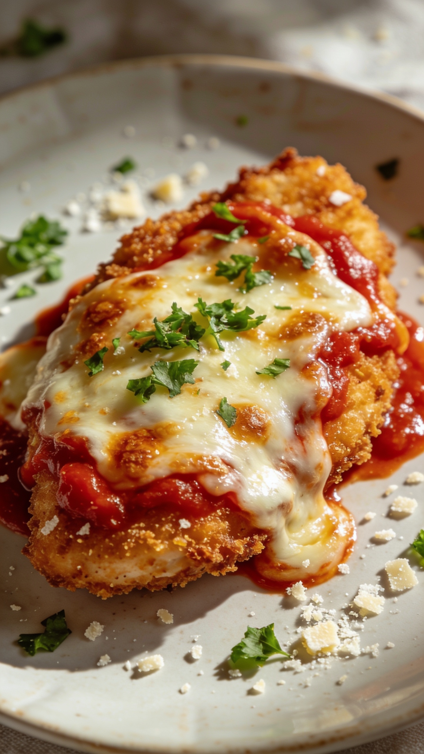 A second close-up from a slightly different angle (top-down or 45°) showing the finished chicken parmesan’s crispy crust, oozy cheese and sauce, fresh parsley parmesan specks accenting the plate, ultra-close, ultra-soft bokeh background, bright natural light, high-detail textures, 90–95% food fill, no hands or people.