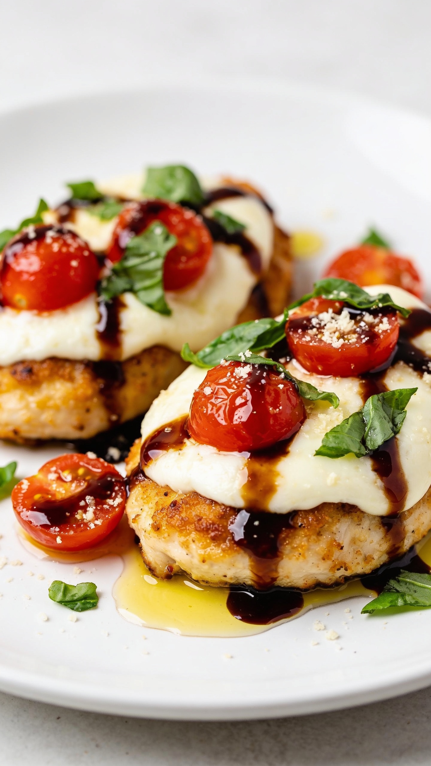 A stunning hero shot of the finished High Protein Air Fryer Chicken Caprese on a pristine plate: juicy golden-crusted chicken medallions topped with melted mozzarella, vibrant cherry tomato halves, glossy balsamic glaze, and fresh torn basil, with olive oil sheen and a hint of parmesan dust; bright natural lighting, shallow depth of field, plain neutral background, no text or hands visible, the dish perfectly centered and glistening as the focal point.