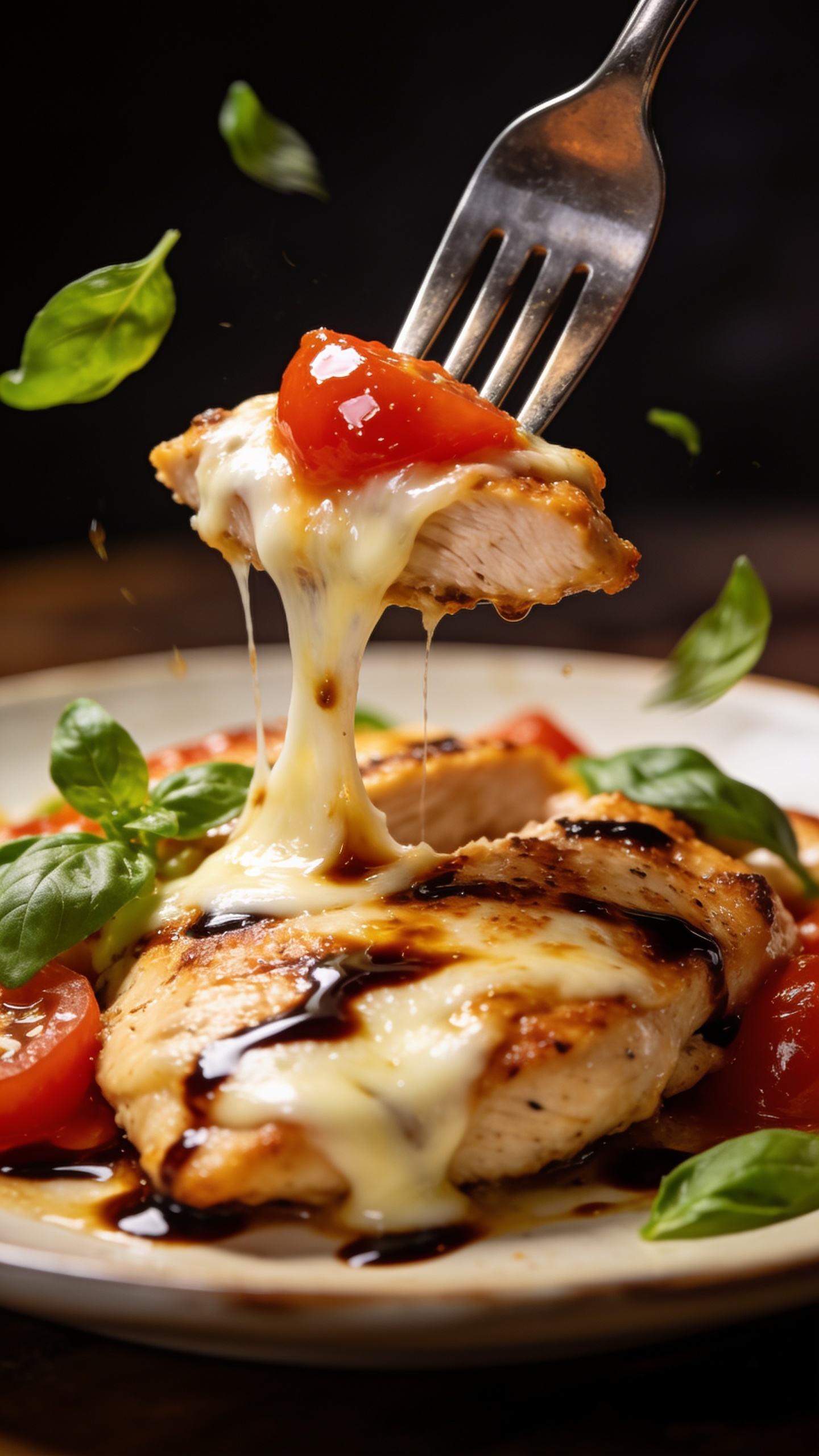A single mouthwatering action moment: a fork poised just above the plate, lifting a perfect bite of chicken with a stretch of melted mozzarella and a glistening bit of tomato, basil leaves fluttering around, balsamic glaze catching the light; ultra-close, dramatic shallow depth of field, vibrant colors, no hands shown, food filling 90â95% of the frame.