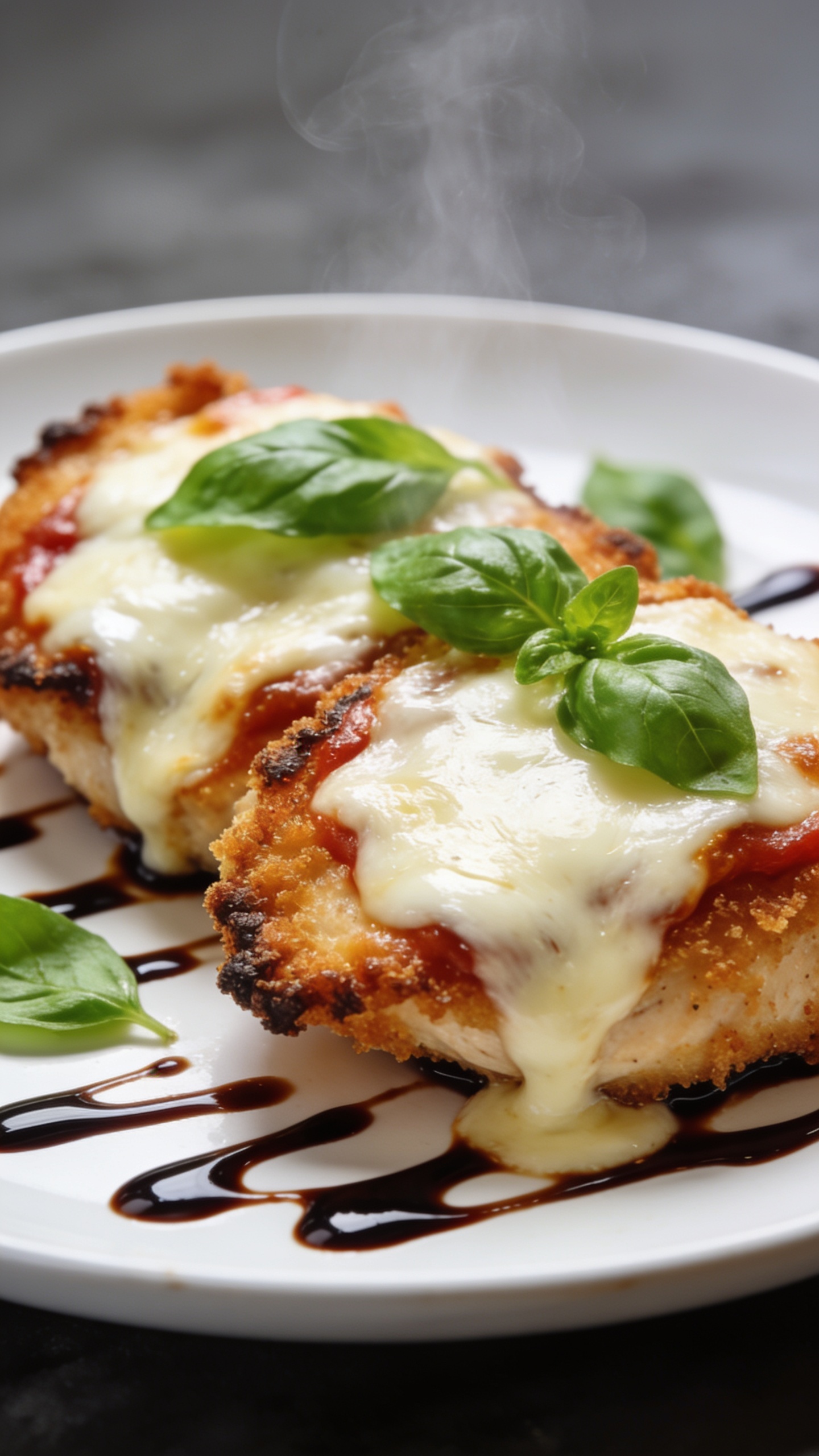 Close-up, premium food-blog style, three-quarter angle of the finished dish: crispy edge chicken with mozzarella melt, basil leaves, and glossy balsamic glaze cascading over the plate; steam rising subtly, bright natural light, rich textures, shallow depth of field, food dominating the frame, no text or people.