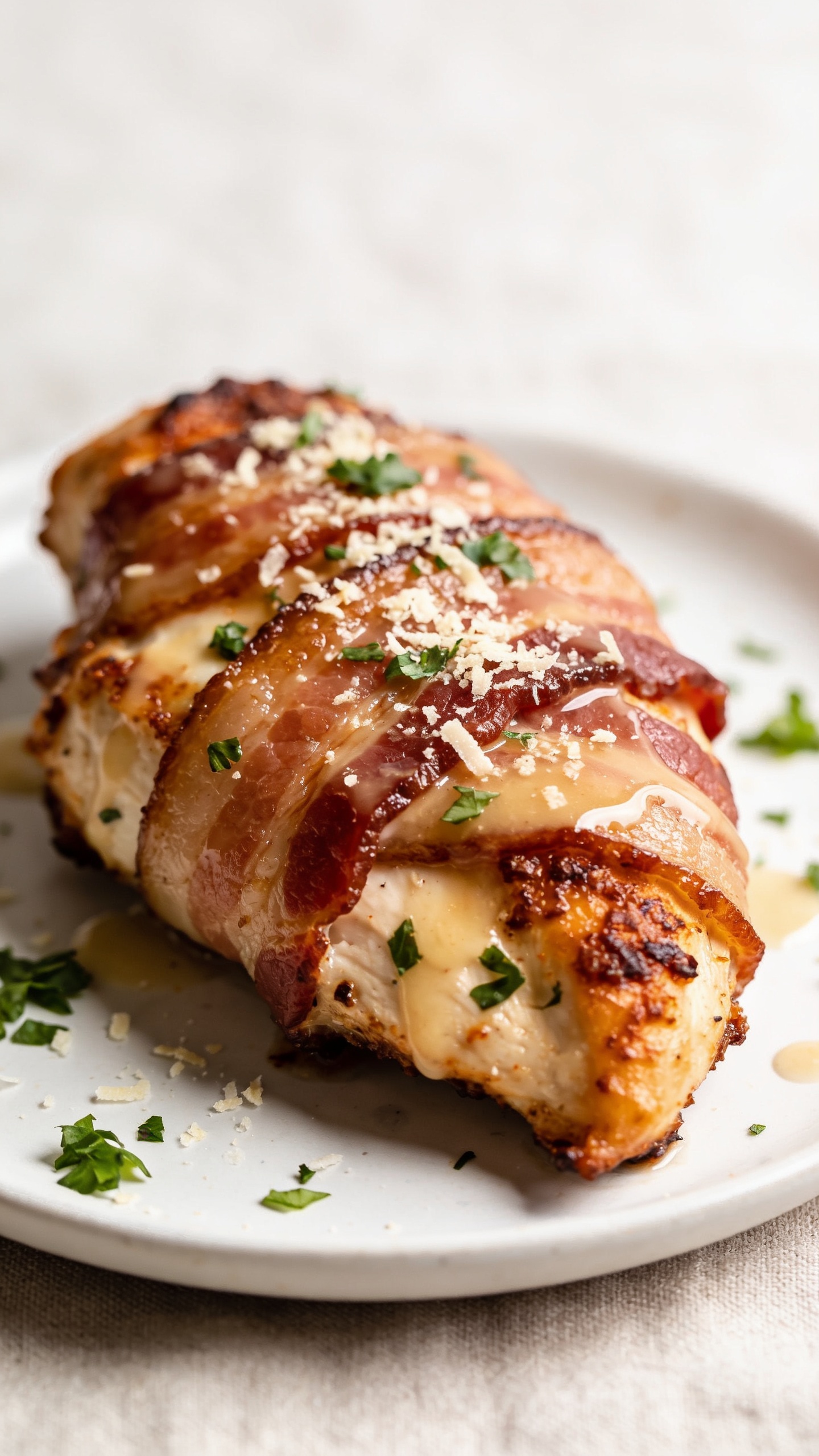 A stunning hero shot of the finished High Protein Air Fryer Bacon Wrapped Chicken Breast, plated to perfection with a crispy bacon crust and juicy chicken visible through a crisp edges, glossy light glaze on top, parmesan flakes (optional) sprinkled, fresh herbs like parsley lightly dotted, plate on a neutral elegant backdrop, bright natural lighting, ultra-close-up, shallow depth of field, food fills 90â95% of frame, no text, no hands, no people.