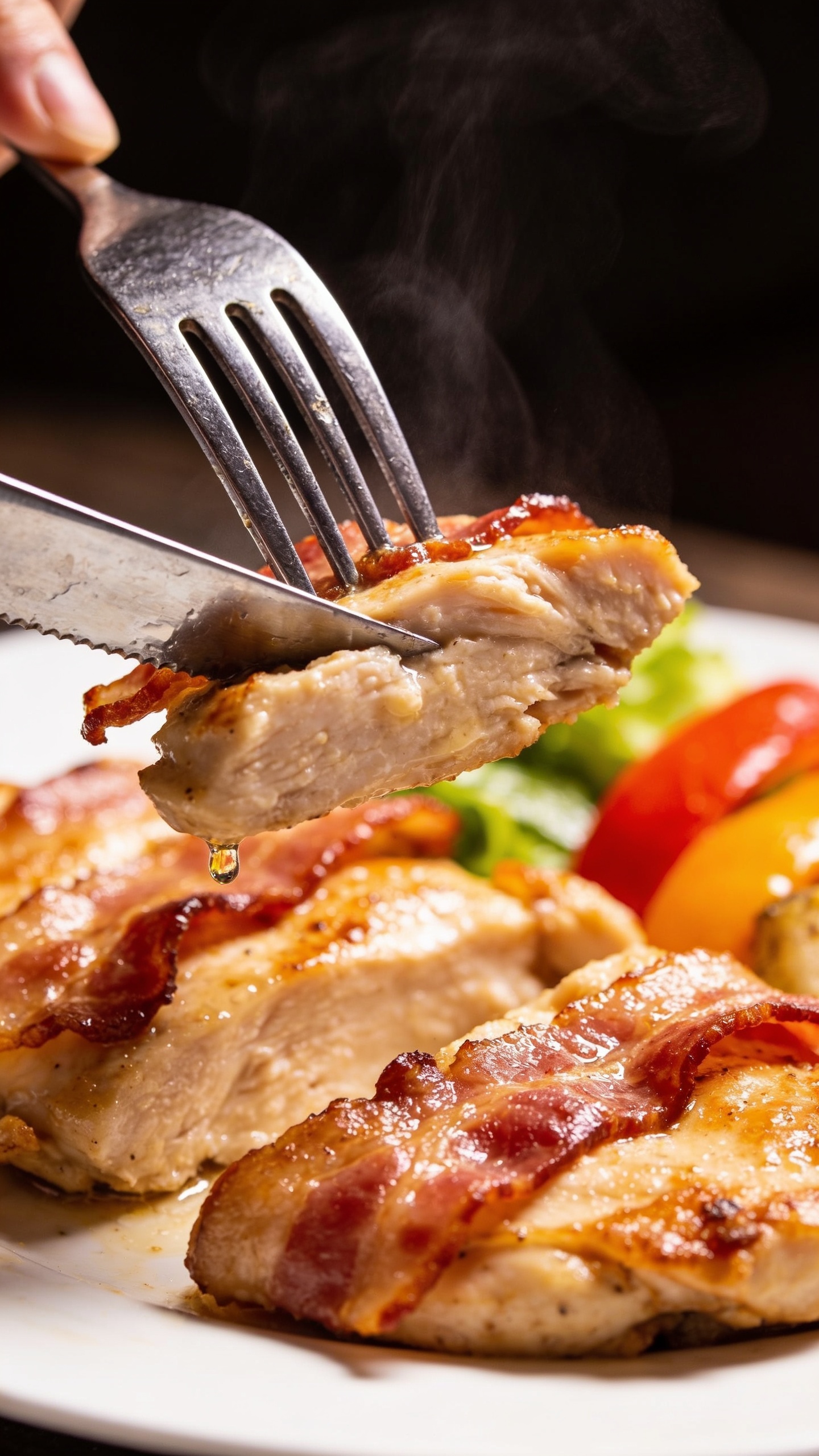 A dynamic close-up action scene: a fork is just about to lift the perfect bite of the finished dish, steam subtly rising, juicy chicken with sizzling bacon visible, glossy surface catching light, knife-edge of the fork catching a glistening drip, plate with vibrant colors and crisp textures in the background, tight crop, natural light, shallow depth of field, food dominates frame, no hands or people.