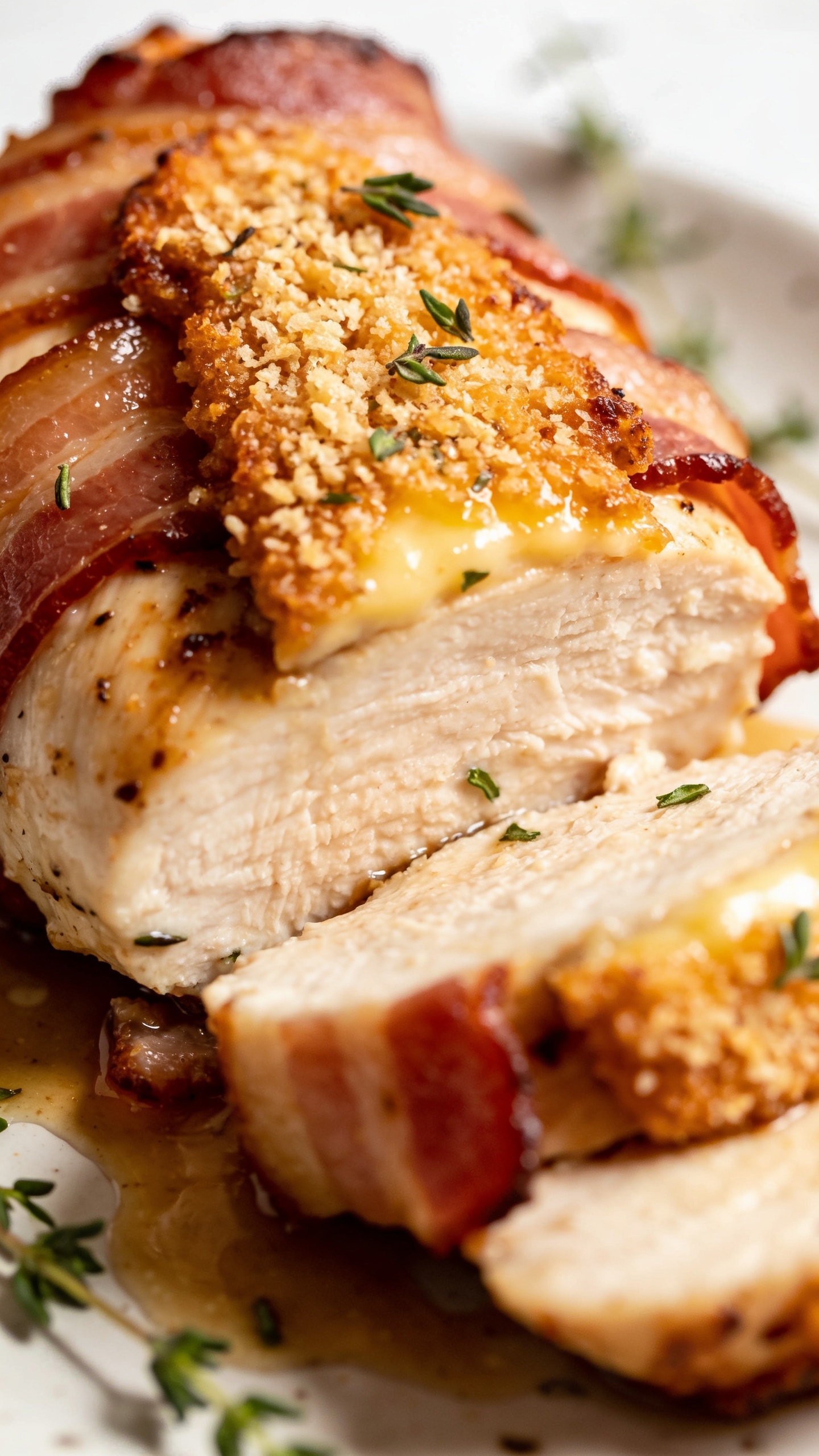 Ultra-close, food-blog style close-up from a slightly higher angle focusing on texture: macro shot of the bacon-wrapped chicken breast sliced to reveal tender interior, melted cheese or Parmesan crust optional visible on top, crisp edges, juicy interior, herbs lightly resting on the surface, glossy sauce sheen, vibrant colors, bright natural lighting, shallow depth of field, food filling majority of frame, no utensils visible.