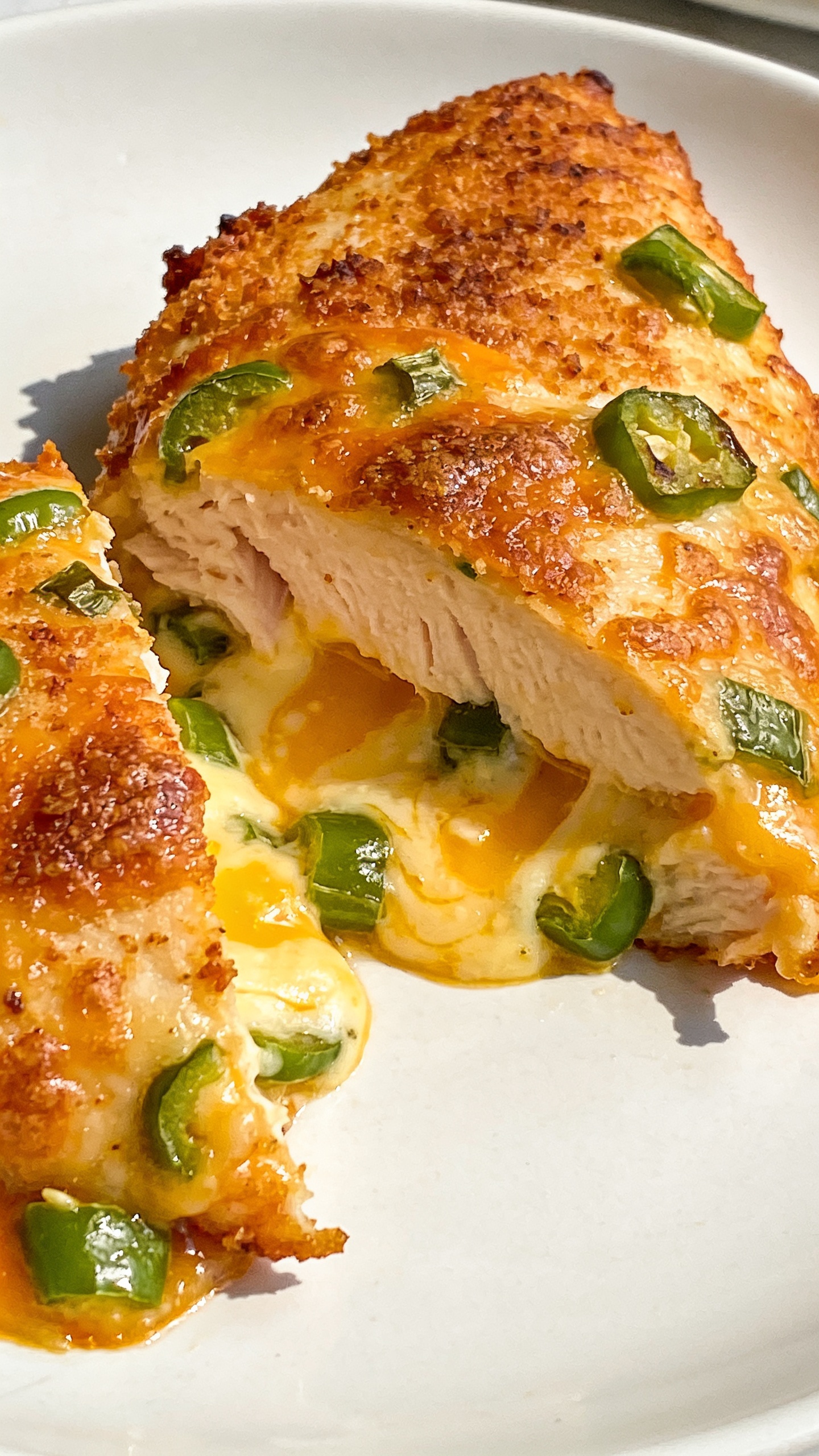 A stunning hero shot of the finished High Protein Air Fryer Jalapeño Popper Chicken plated on a pristine white plate, golden-brown crust, juicy interior visible through a clean cross-section, melted cheese bubbling at the edges, vibrant green jalapeño flecks, glossy sauce sheen, minimal garnish, natural bright sunlight, shallow depth of field, no people, food occupying 90-95% of frame.