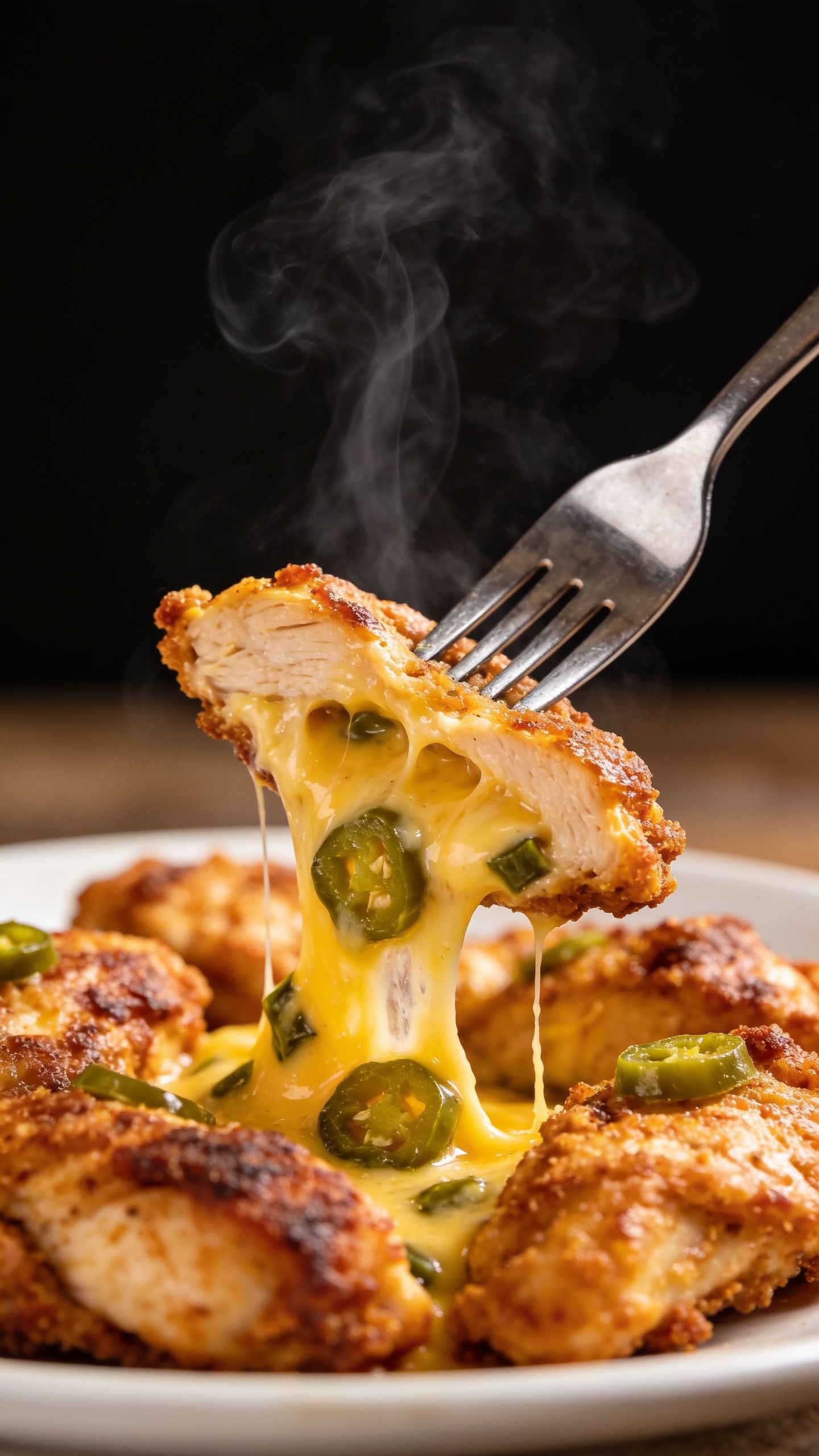 Close-up action moment with a fork lifting the perfect bite: a fork gliding into the chicken, pulling away a molten, cheese-stretchy center with jalapeño bits, steam wisps curling upward, rich colors, crispy exterior, plate out of focus, 90-95% food fill, bright natural lighting, premium food-blog styling, no hands or faces visible.