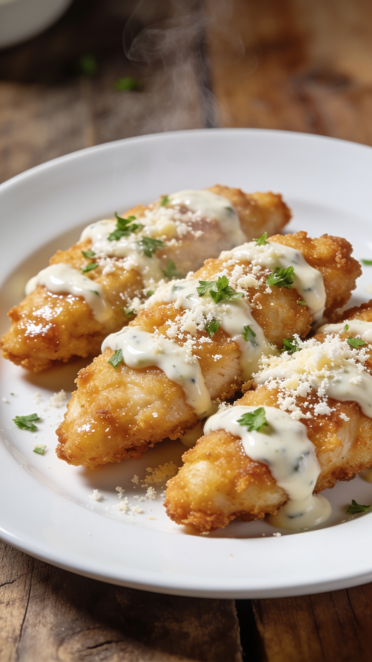 A stunning hero close-up of the finished High Protein Air Fryer Ranch Chicken Tenders plated perfectly on a clean white plate with a light, glossy ranch drizzle and a sprinkle of grated parmesan and chopped parsley. The crispy, golden-brown crust glistens, with subtle steam rising, and the plate sits on a rustic wooden table under bright natural light; no hands visible.
