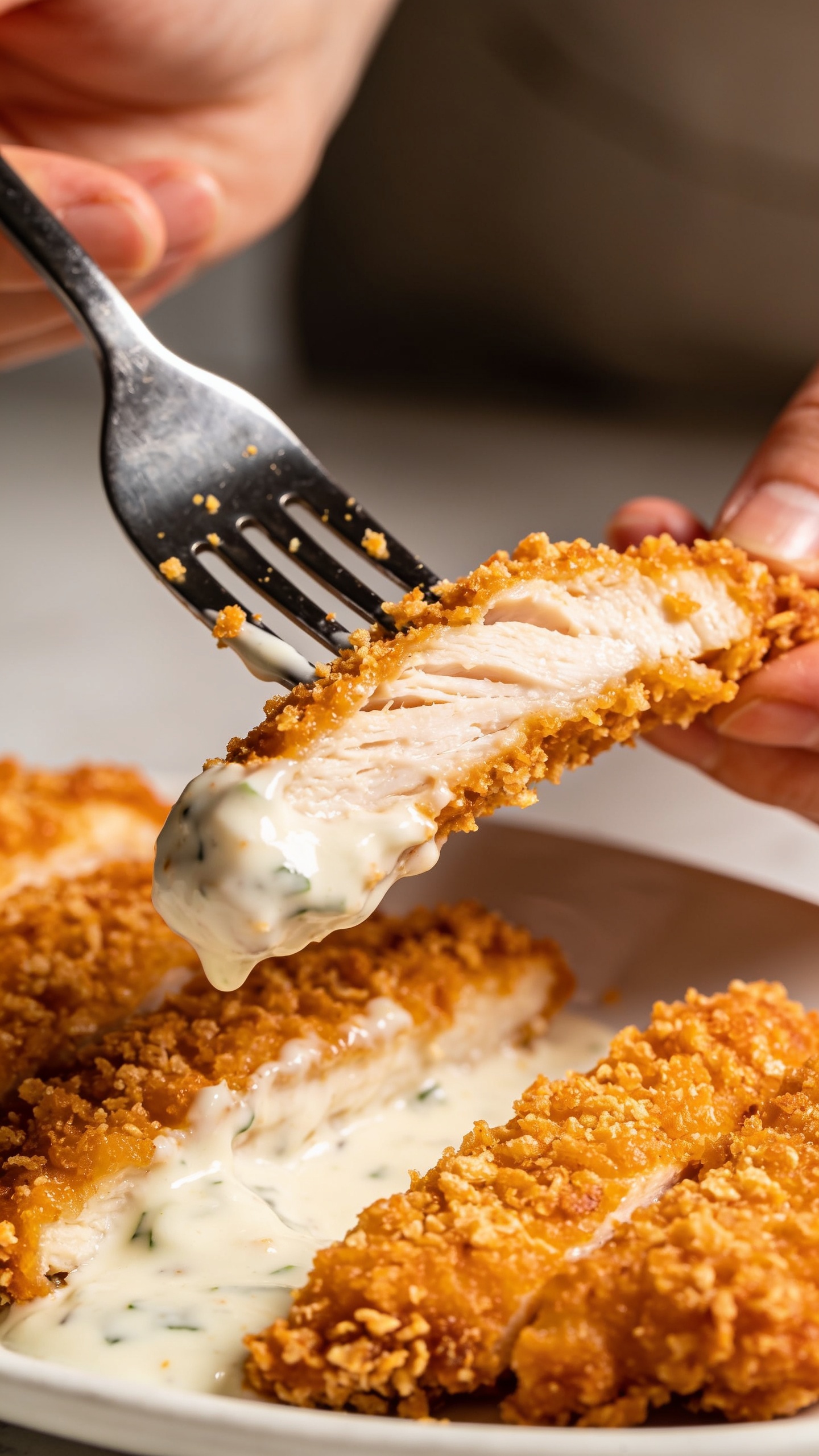 A dynamic close-up action shot: a fork lifts the perfect bite of the finished chicken tenders, showcasing juicy interior and crunchy coating, with glossy ranch sauce clinging to the fork and a few stray crispy breadcrumbs shimmering; shallow depth of field blurs the background, hands are not shown, lighting is bright and natural, food fills 90–95%.