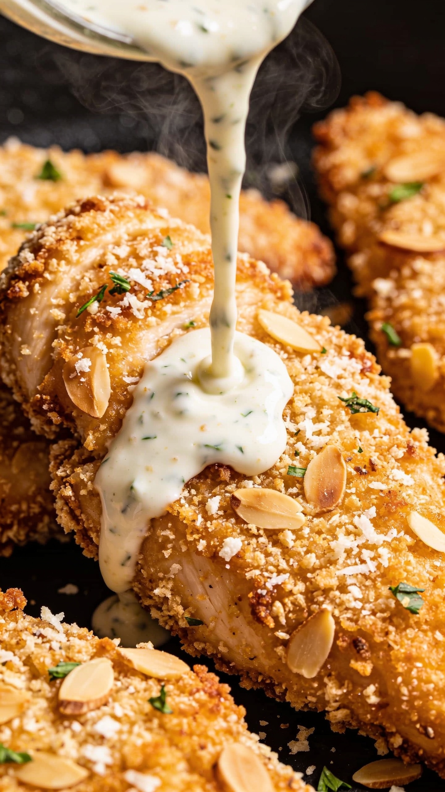 Close-up, premium food-blog style: the finished chicken tenders from a 45-degree overhead angle, extreme macro of the crispy edges, almond flour crust, parmesan specks, and herbs, with steam suggesting freshness; a light drizzle of ranch or glaze flows over the top, vibrant colors, high contrast, shallow depth of field, no hands.