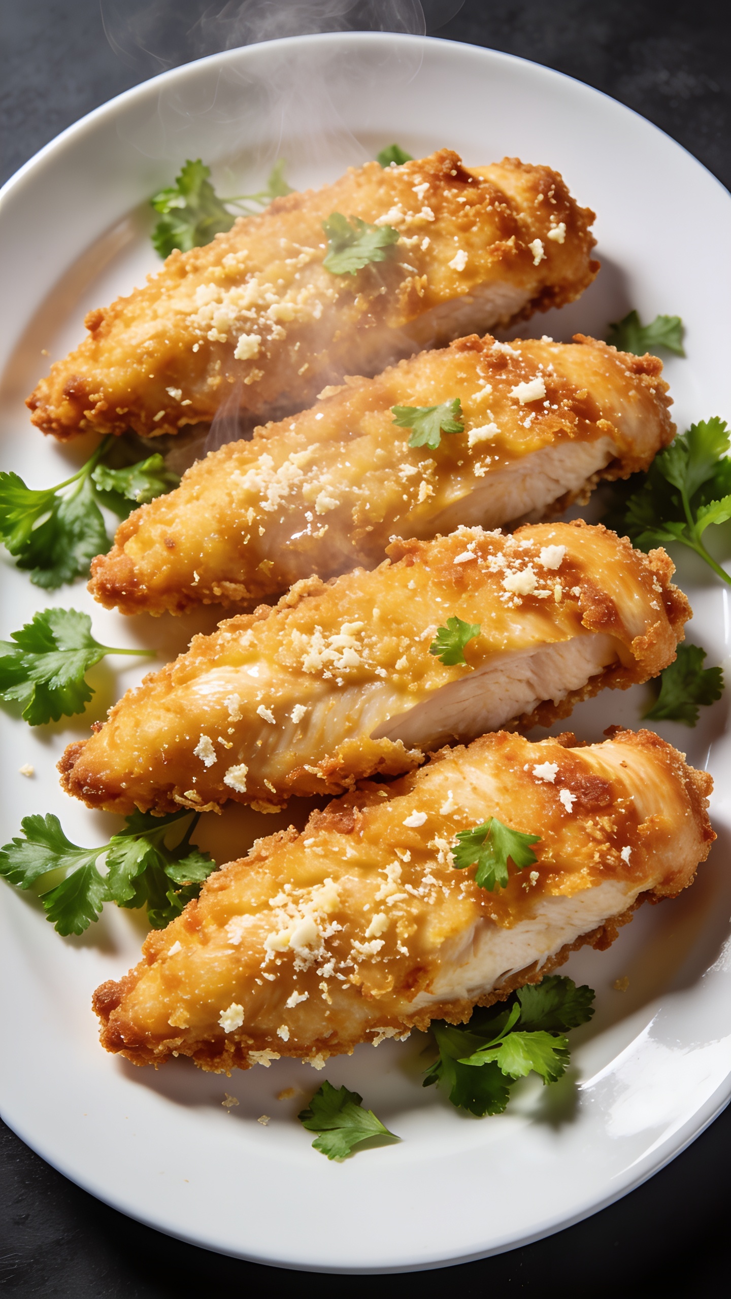 A stunning hero shot of the finished High Protein Air Fryer Parmesan Chicken Tenders on a pristine plate, ultra-crispy golden crust with parmesan specks, steam rising softly, glossy light reflection, vibrant parsley garnish, shot from a slight top-down angle to showcase uniform tenders; no people, natural bright lighting, food filling 90-95% of frame.