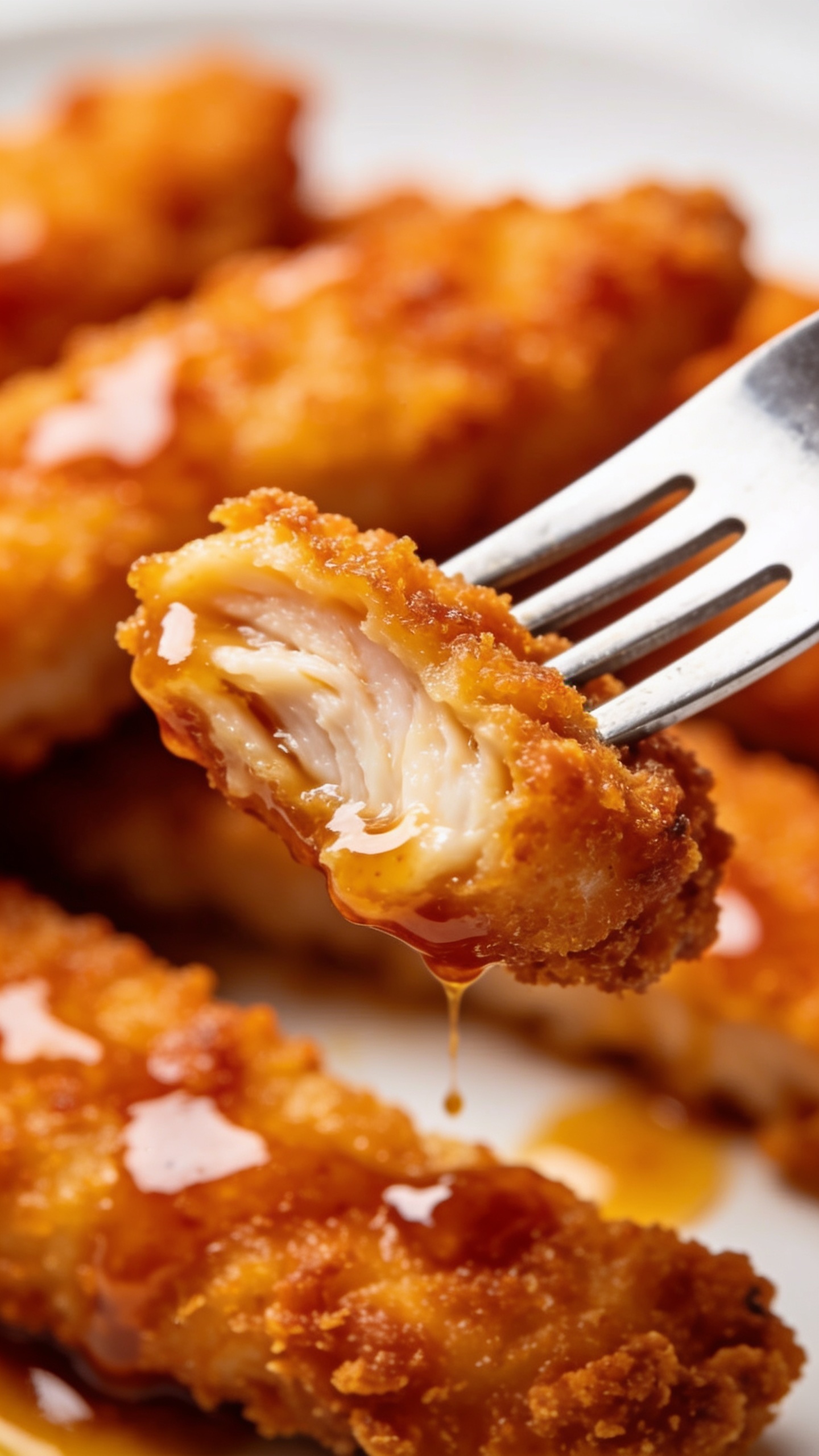 A dynamic close-up action shot: a fork is lifting the perfect bite of the finished chicken tenders, the crispy crust and juicy interior visible, a glistening drizzle of sauce just starting to cling to the bite, shallow depth of field, rich textures, no hands or faces, bright natural lighting; food fills 90-95% of frame.