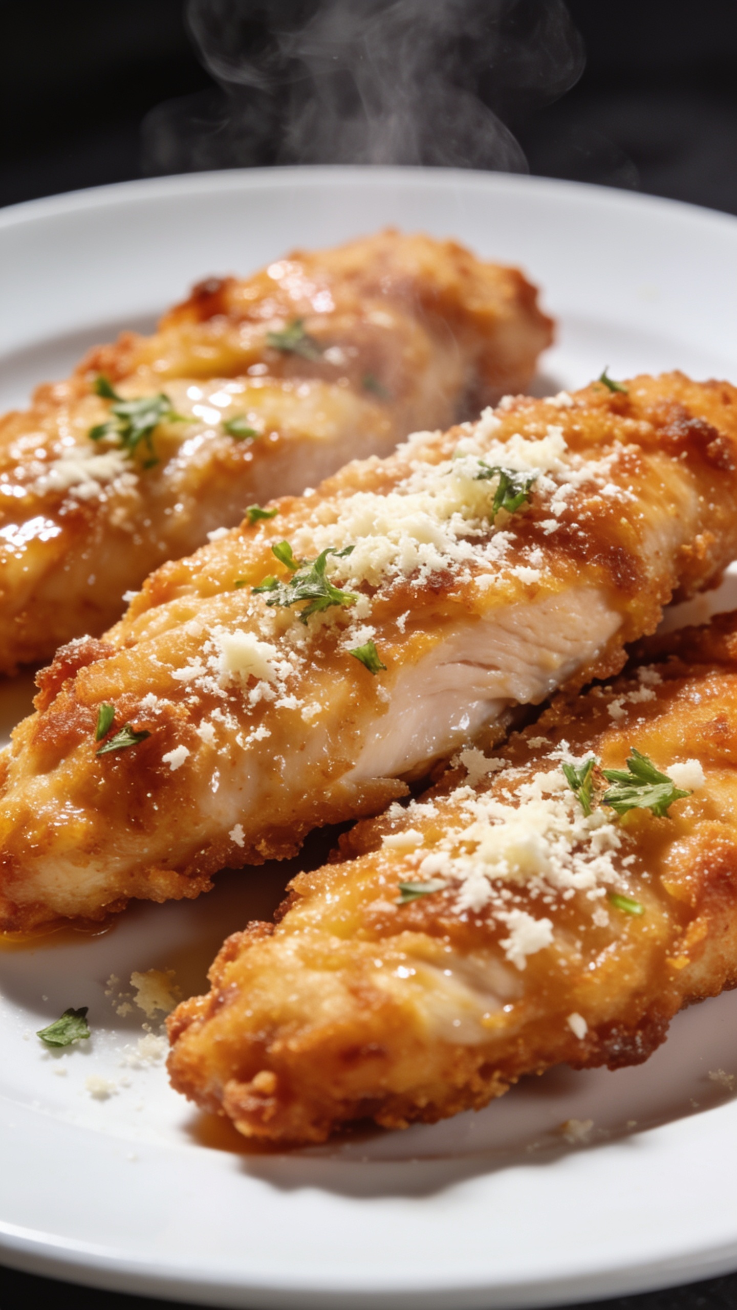 A stunning hero shot of glossy, crispy air fryer chicken tenders plated on a pristine white plate with a light dusting of parmesan and herbs, steam barely rising, bright natural lighting, ultra-close-up, shallow depth of field, vibrant colors, no people, the finished dish center-stage occupying 90â95% of the frame, textures of crispy breading and juicy chicken visible.
