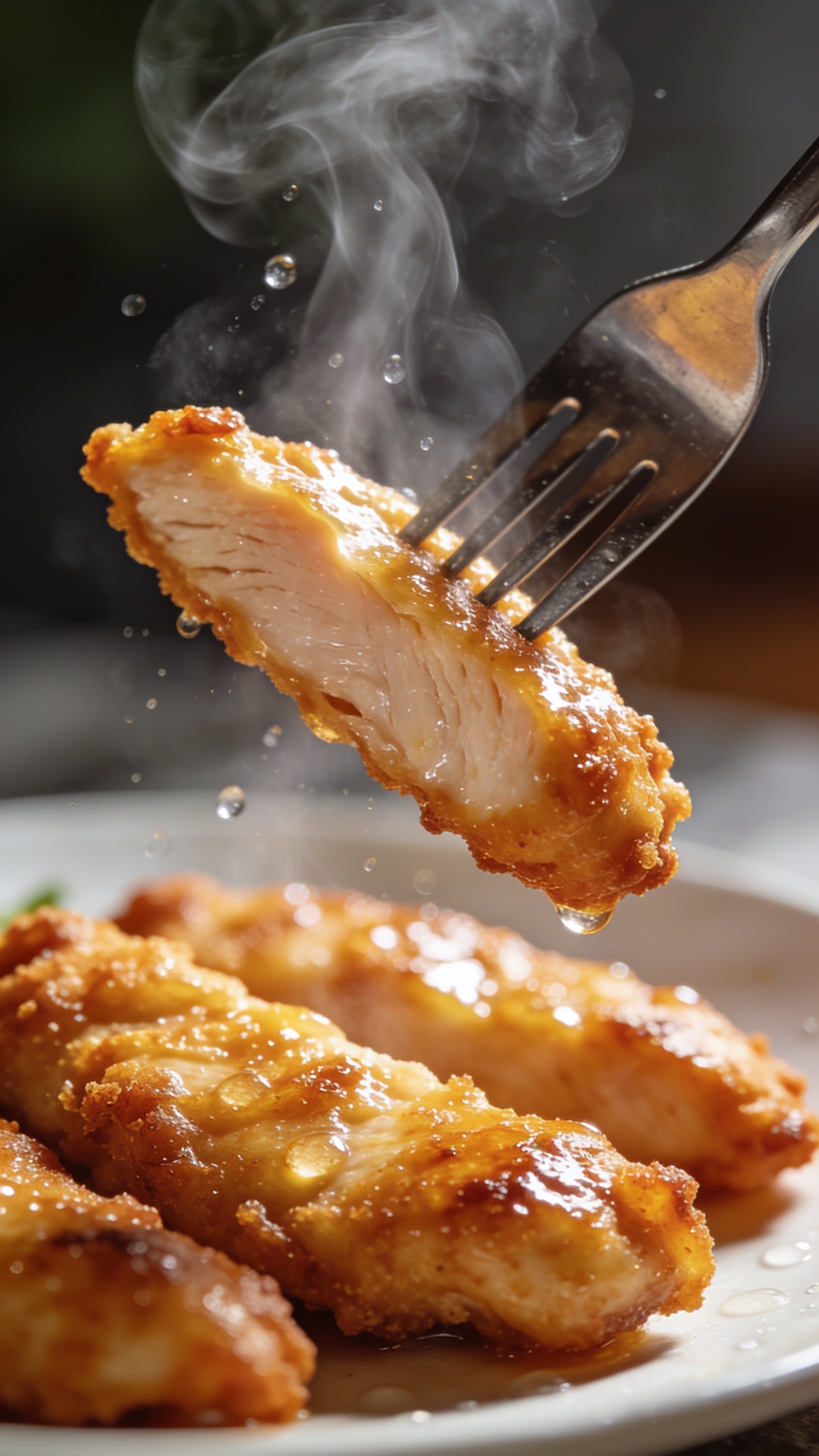 A dynamic close-up action shot: a fork lifting a perfectly crisp chicken tender from the plate, glossy golden crust gleaming, steam curling above, droplets of light condensing on the surface, shallow depth of field, bright natural light, the bite half-suspended in the forkâs tines, food filling dominates the frame, no hands or faces.