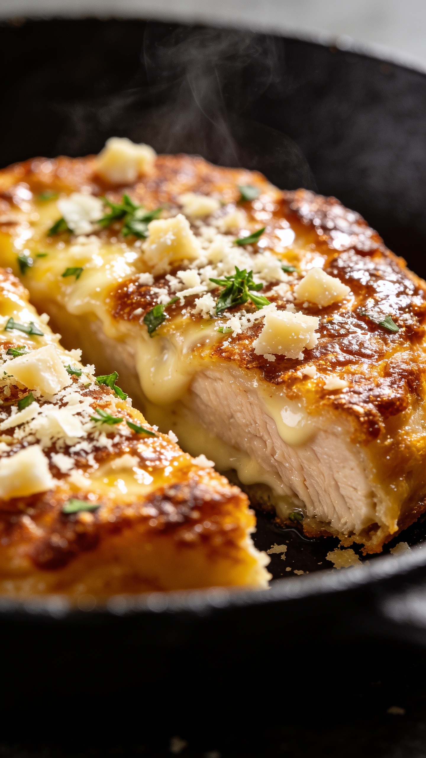 A tight close-up from a slightly angled side view focusing on the edge of a tender with melted parmesan bits and herbs sprinkled on top, crispy crust shimmering, a hint of creamy interior visible at the cut, steam hints, rich textures, vibrant colors, 90â95% food fill, natural lighting, high-end food-blog styling, no utensils visible.