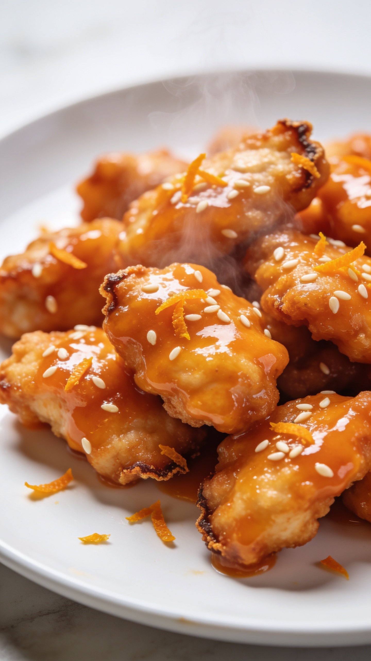 A stunning hero close-up of the finished High Protein Air Fryer Orange Chicken plated beautifully on a pristine white dish, glossy orange glaze coating each crispy bite, steam faintly rising, vibrant orange zest specks and sesame seeds visible, crisp edges, minimal background blur, natural bright lighting, food fills 90â95% of frame, no hands or utensils visible.