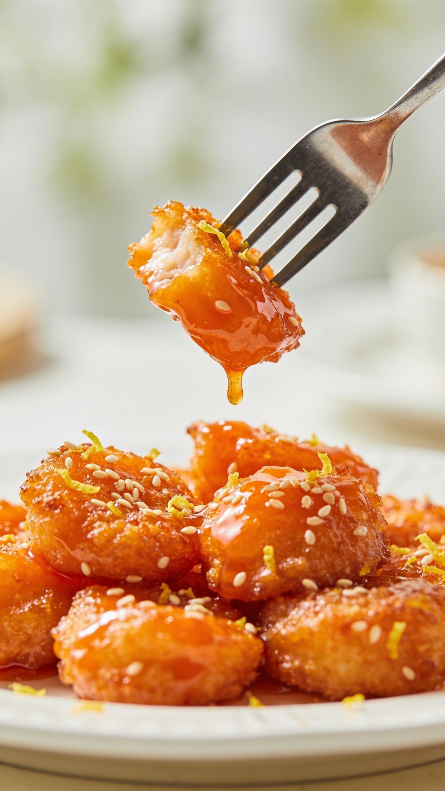 A dynamic close-up action shot of a fork lifting the perfect bite from the finished dish, the glossy orange glaze stretching slightly as the bite lifts, crispy coating gleaming, sesame seeds and zest in focus, shallow depth of field with a soft, blurred background, bright natural light, food dominating the frame, no hands or other people.
