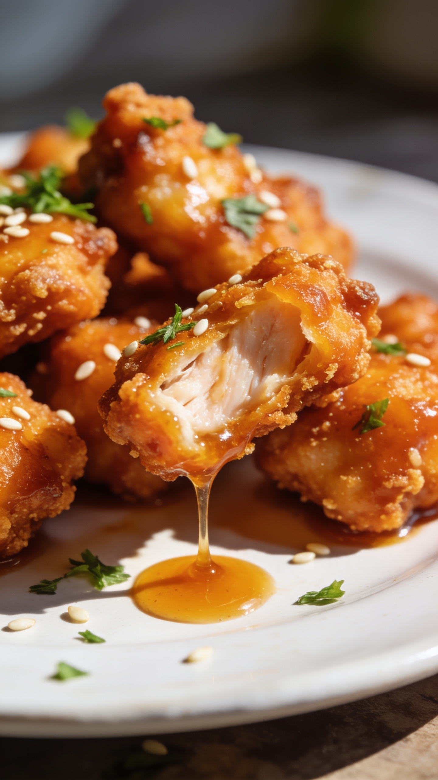 A ultra-close, edge-focused image from a slightly lower angle, the finished orange chicken pieces arranged to show juicy interior and crunchy exterior, a thin stream of glaze pooling on the plate, fresh herbs or sesame seeds scattered for color, crisp textures emphasized, natural sunlight, shallow depth of field, food occupying most of the frame, no visible utensils beyond implied by the bite lift.