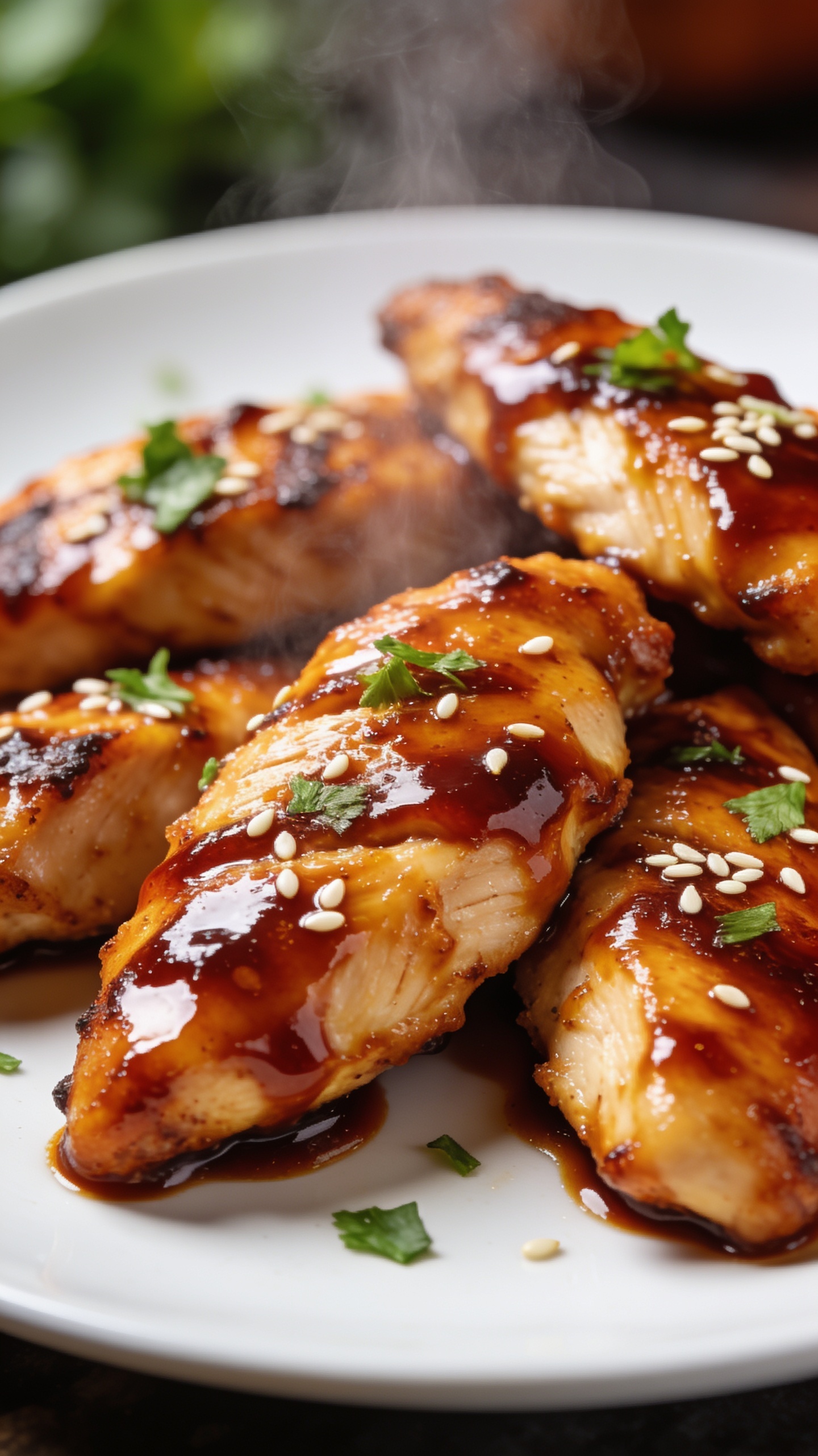 A stunning hero close-up of the finished High Protein Air Fryer Honey BBQ Chicken: glossy caramelized honey BBQ glaze coats perfectly crisped, juicy chicken strips arranged on a pristine plate, steam faintly rising, vibrant color pop from herbs and sesame seeds, natural bright light, ultra-shallow depth of field, no text, food filling 90-95% of frame.