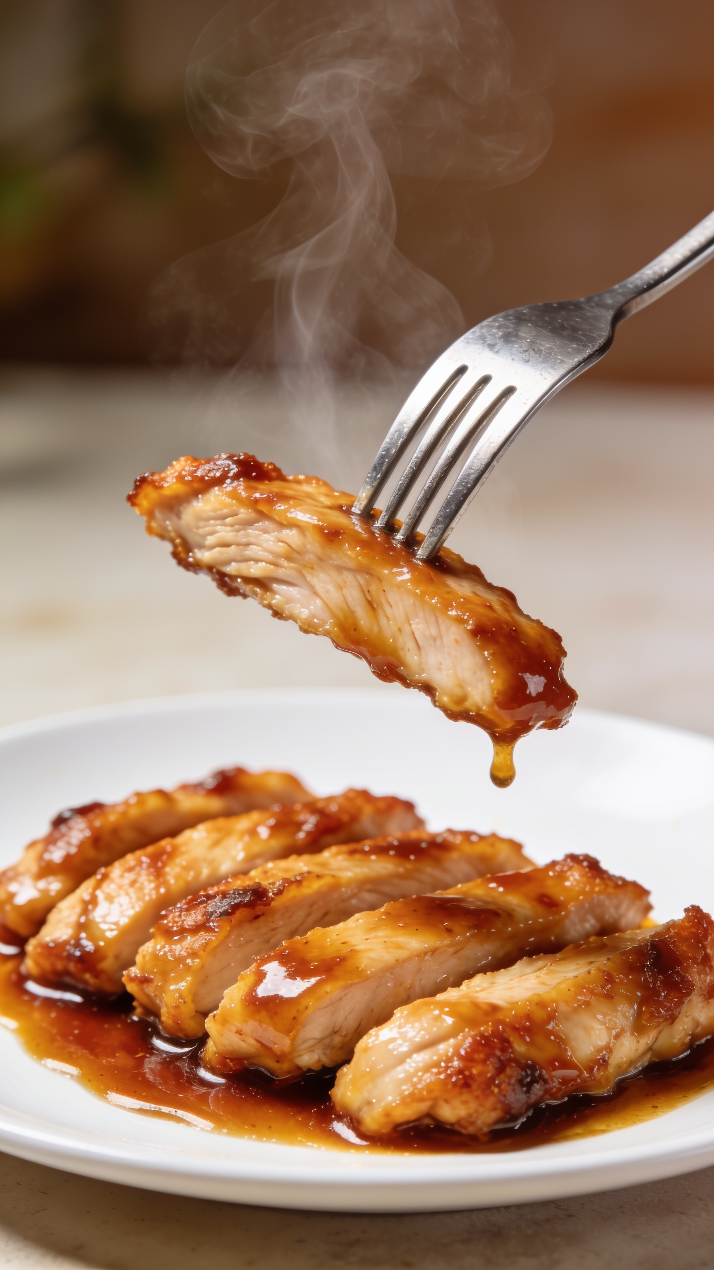 A dynamic close-up capturing the irresistible moment before a bite: a fork delicately lifting a succulent, glazed chicken strip from the plate, glossy sauce clinging to the edge, steam curling upward, rich textures and crispy edges in sharp focus against a softly blurred background, bright natural lighting, food occupying 90-95% of frame, no hands visible.