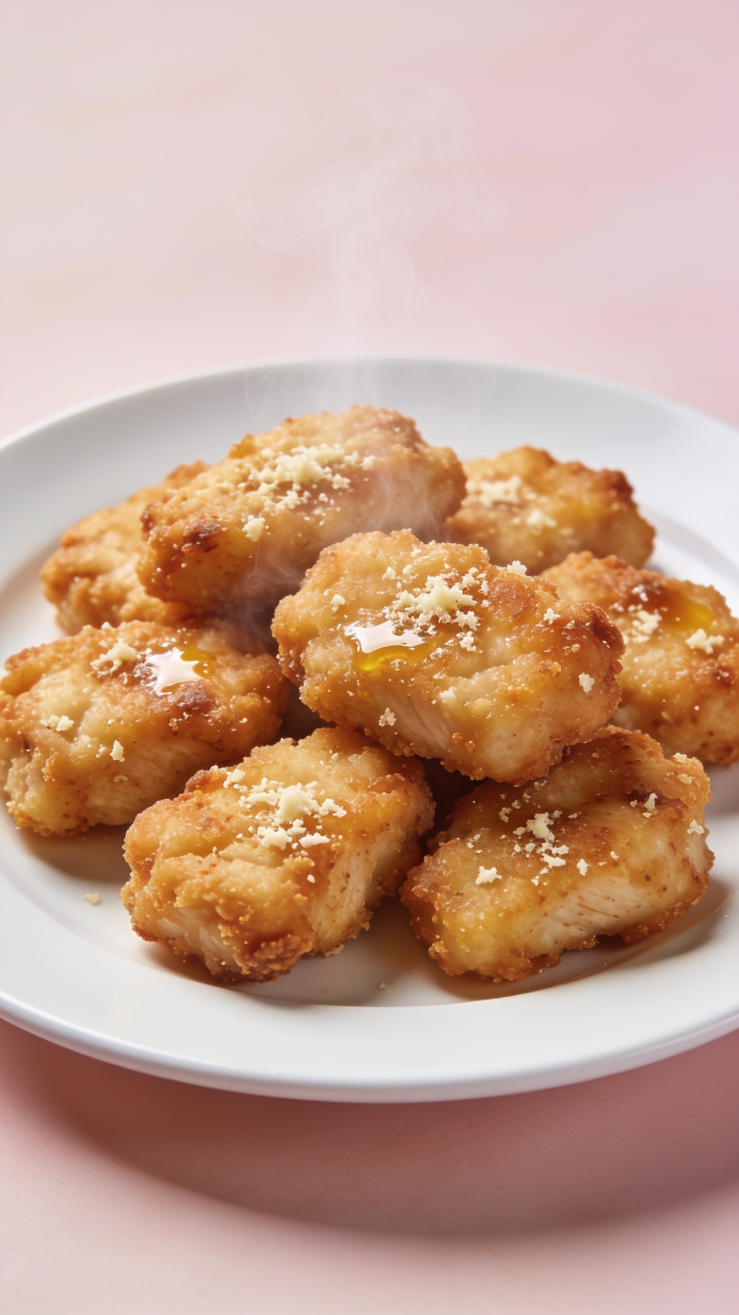A stunning hero close-up of finished high-protein air fryer chicken nuggets on a pristine white plate, perfectly crispy golden-brown coating with visible parmesan flecks, steam rising subtly, glaze hints of oil for sheen, pastel background, soft natural light, the plate centered, no hands or utensils in sight, 1:1 aspect, ultra-detailed texture.