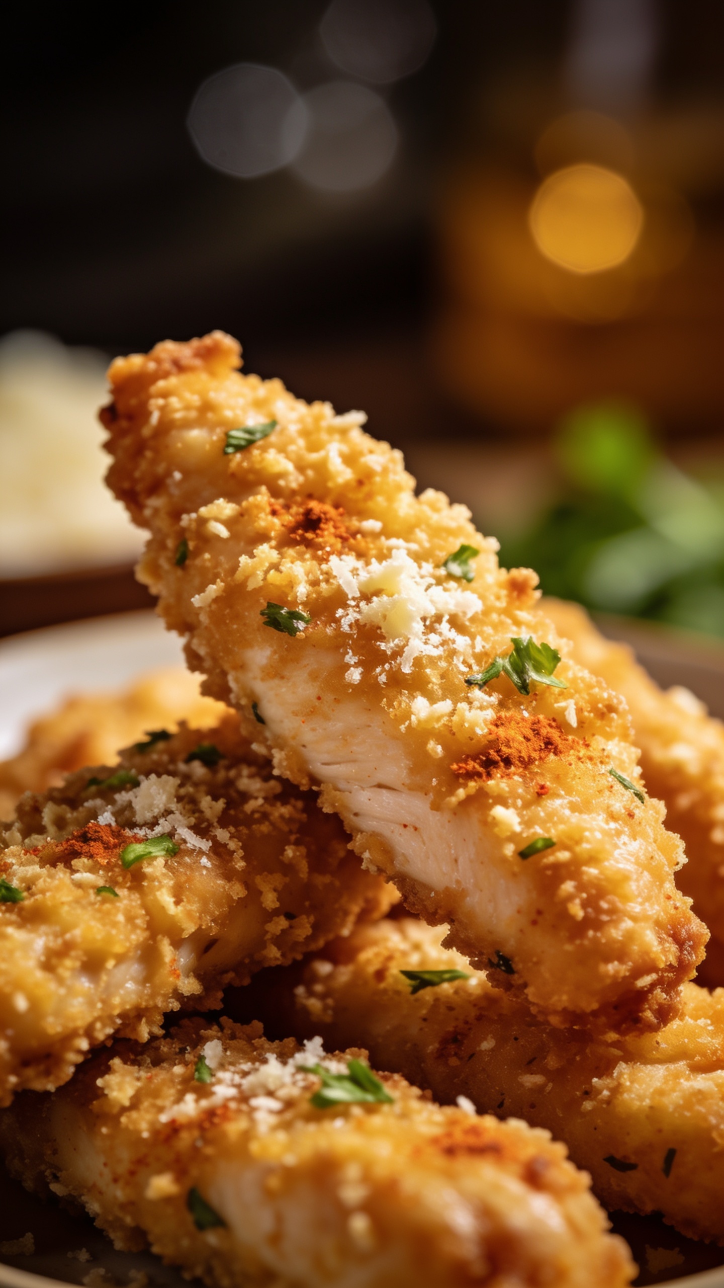 A close-up, premium food-blog portrait of the finished chicken tenders from a low side angle, focus on the crispy parmesan crust and melted interior, herbs and a light sprinkle of parmesan and paprika visible, shallow depth of field with bokeh background, natural lighting, 90-95% food fill, no utensils in frame.