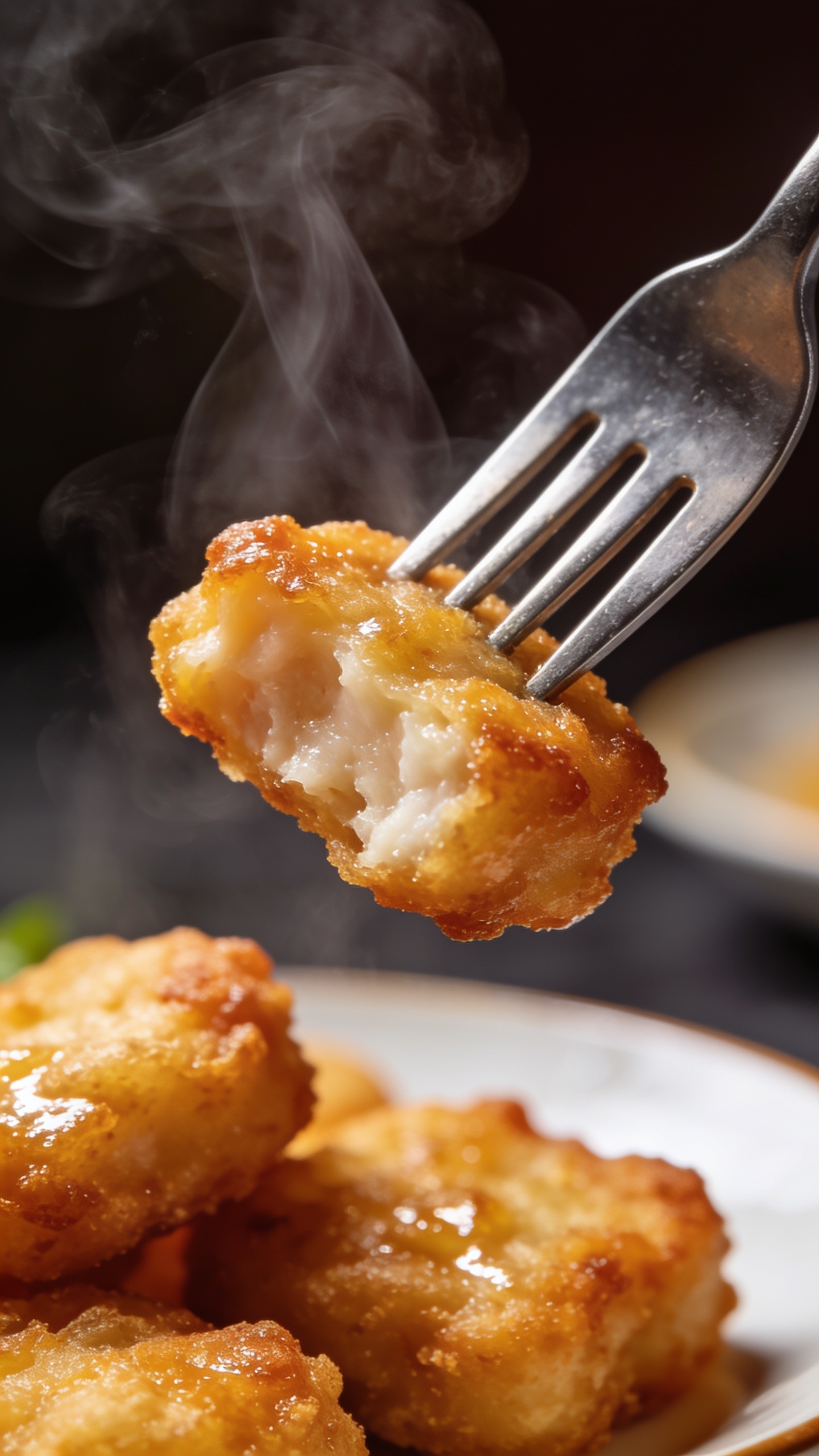 A dynamic close-up action shot showing a fork lifting the perfect nugget bite from the plate, glossy light-crisp crust glistening, steam wisps curling, plate partially blurred in the background, shallow depth of field, vibrant colors, no hands or faces, the fork only visible as it crisps the moment before it's taken, 1:1 aspect.