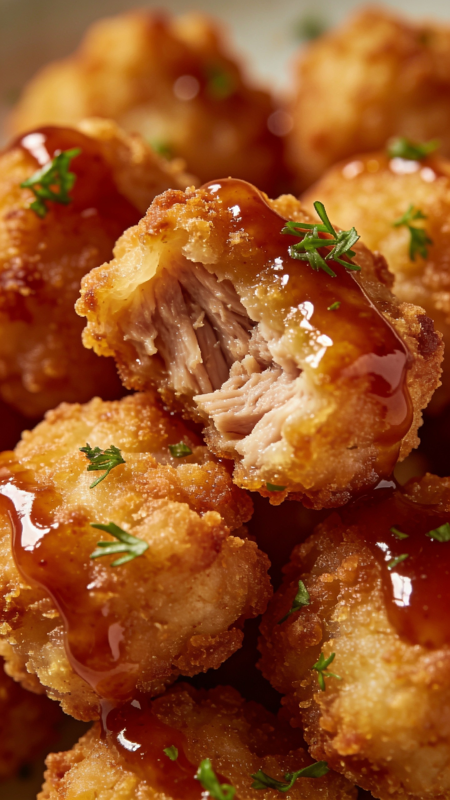 An extreme close-up from a slightly angled top-down view of a finished nugget cluster, sides showing crispy coating and juicy interior visible at a bite edge, glossy accelerated sauce drizzle catching the light, fresh herb micro-sprinkles (optional) for color, warm natural lighting, ultra shallow depth of field, food filling 90â95% of frame, no utensils or people.